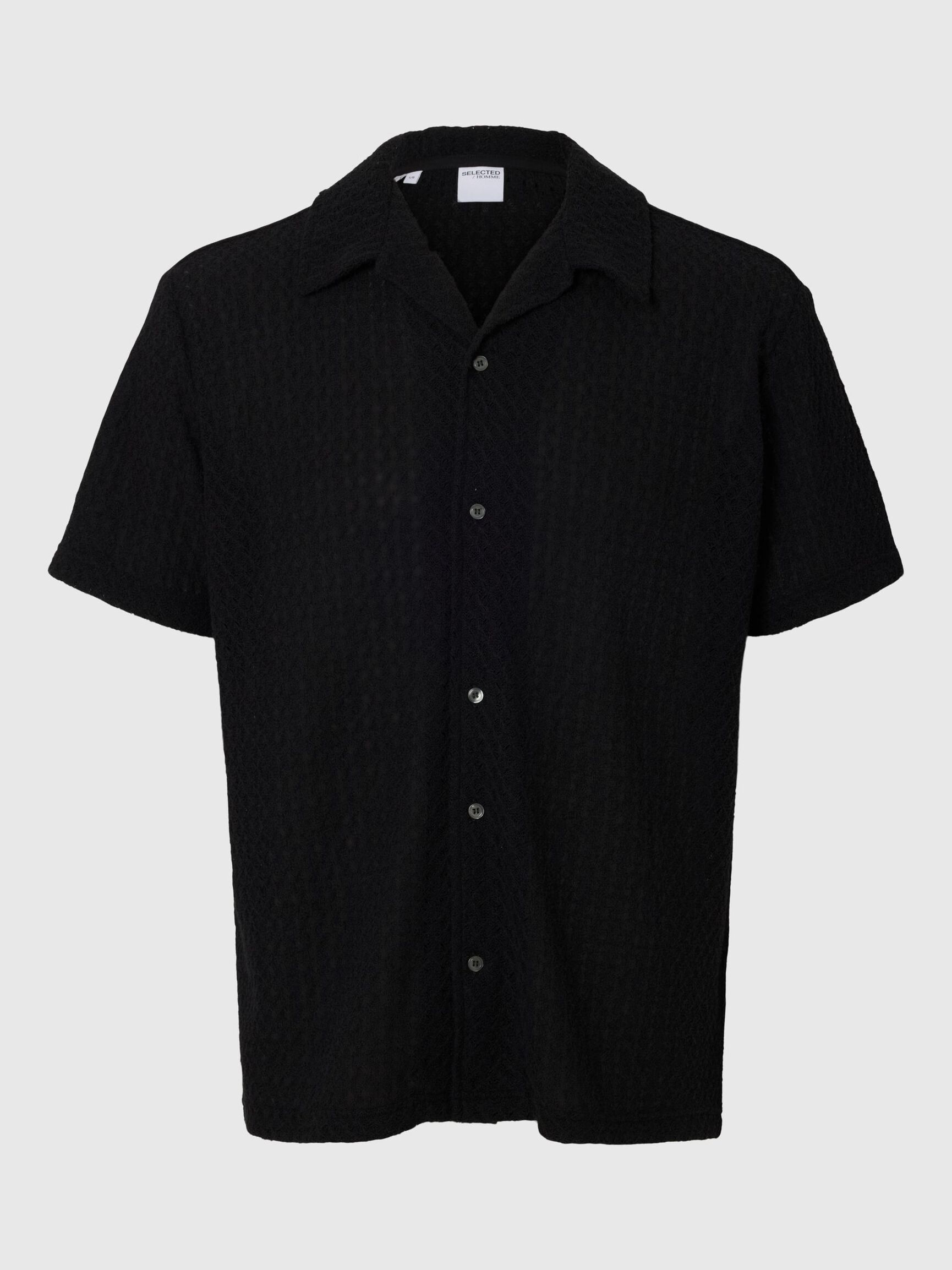 GEBREID JACQUARD OVERHEMD MET KORTE MOUWEN, Black, highres