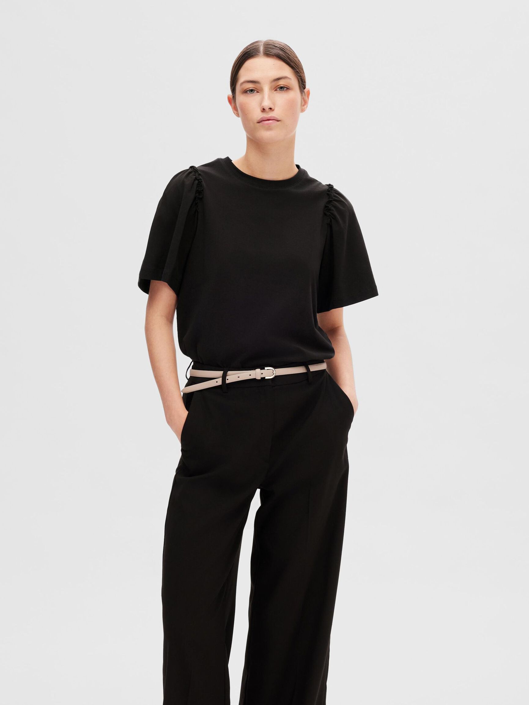 RUFFLED COTTON T-SHIRT, Black, highres