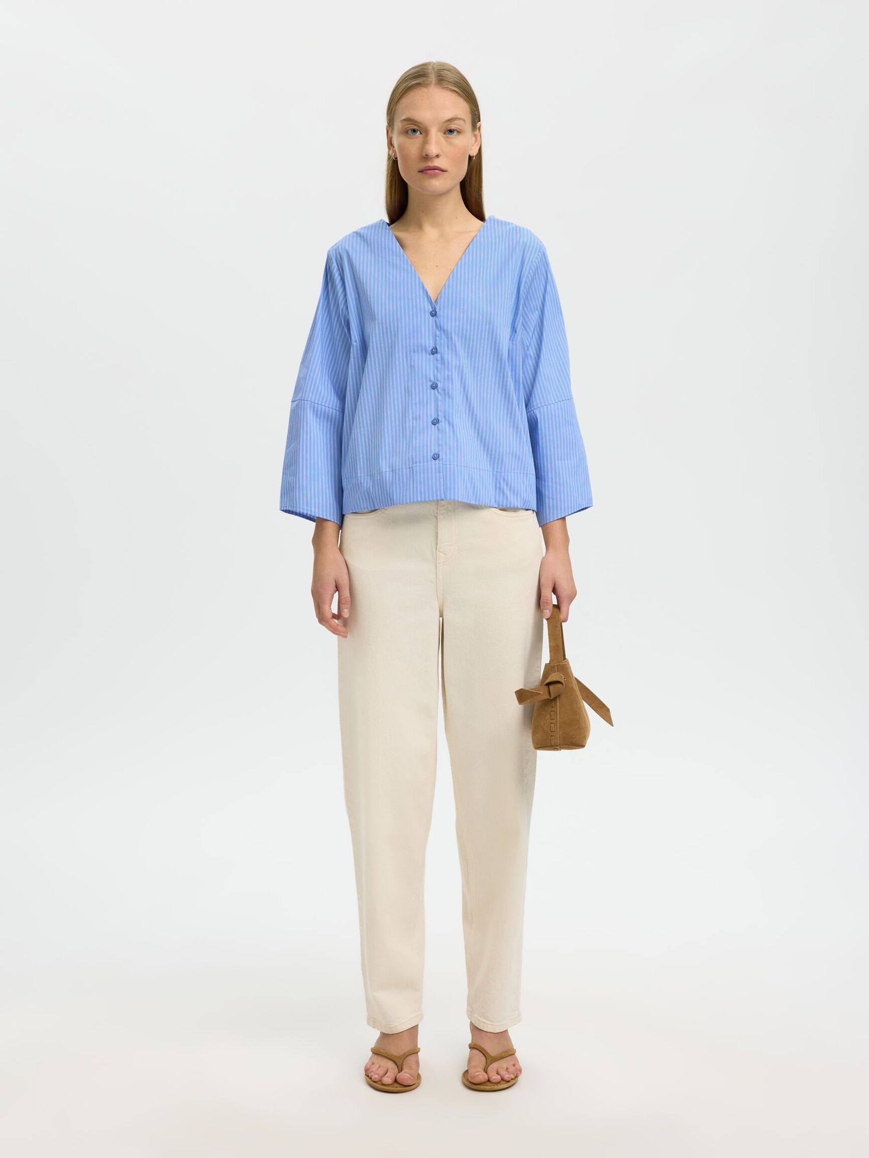 COTTON BLEND 3/4 SLEEVED BLOUSE, Dusty Blue, highres