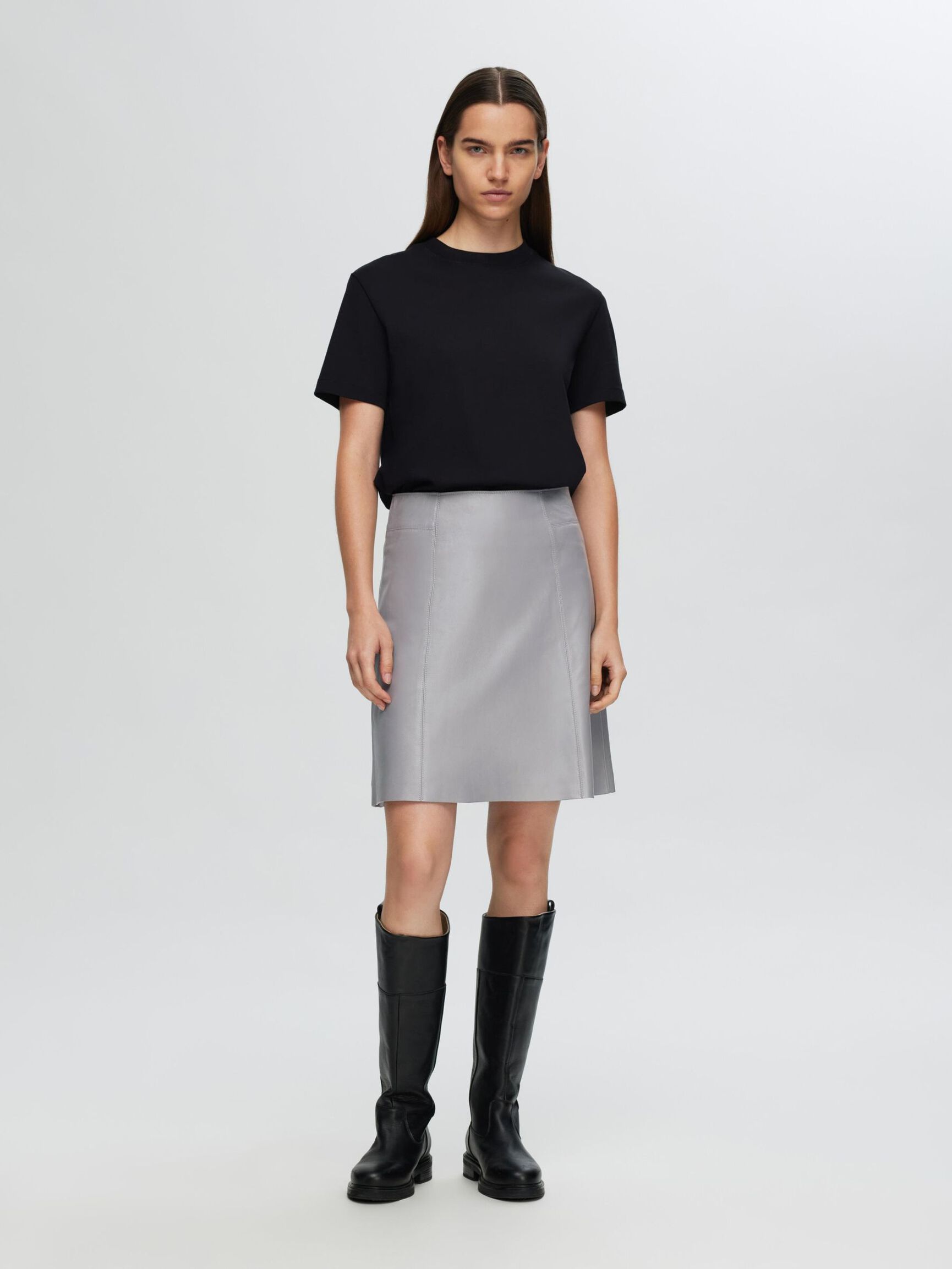 MINI JUPE EN CUIR, Steel Gray, highres