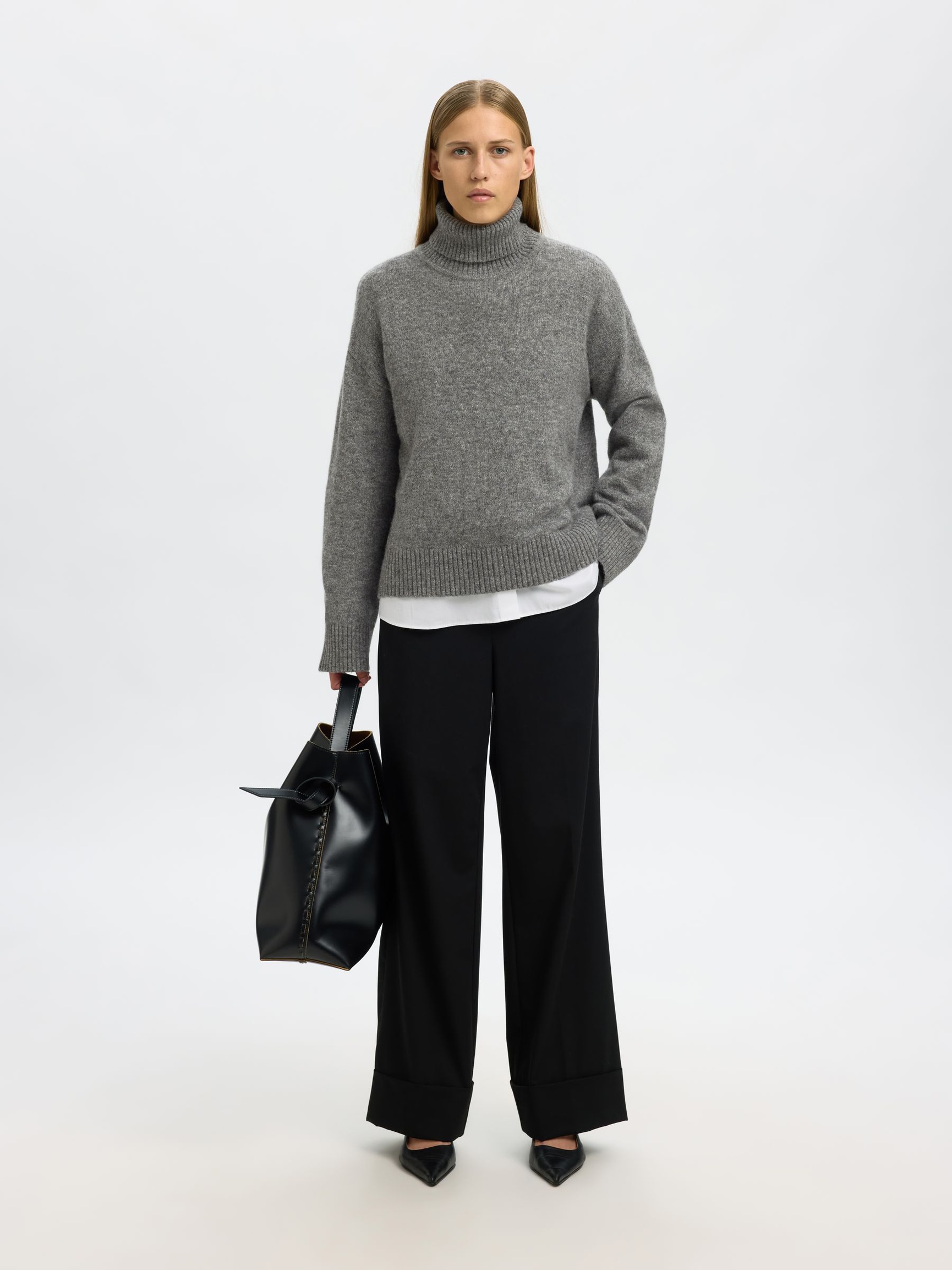 WOOL BLEND ROLL NECK JUMPER, Medium Grey Melange, highres