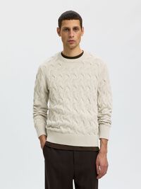 CABLE KNIT CREWNECK JUMPER, Silver Birch, highres