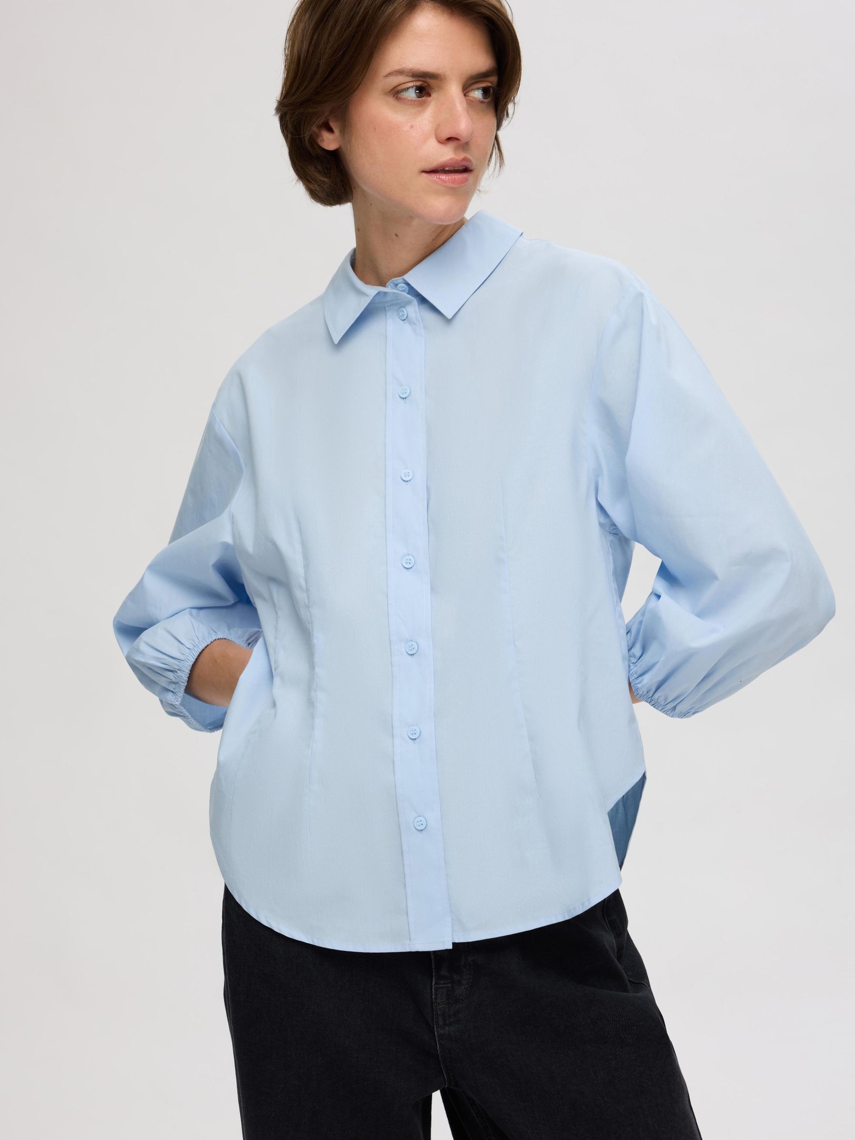 KATOENEN SHIRT MET 3/4 MOUWEN, Cashmere Blue, highres