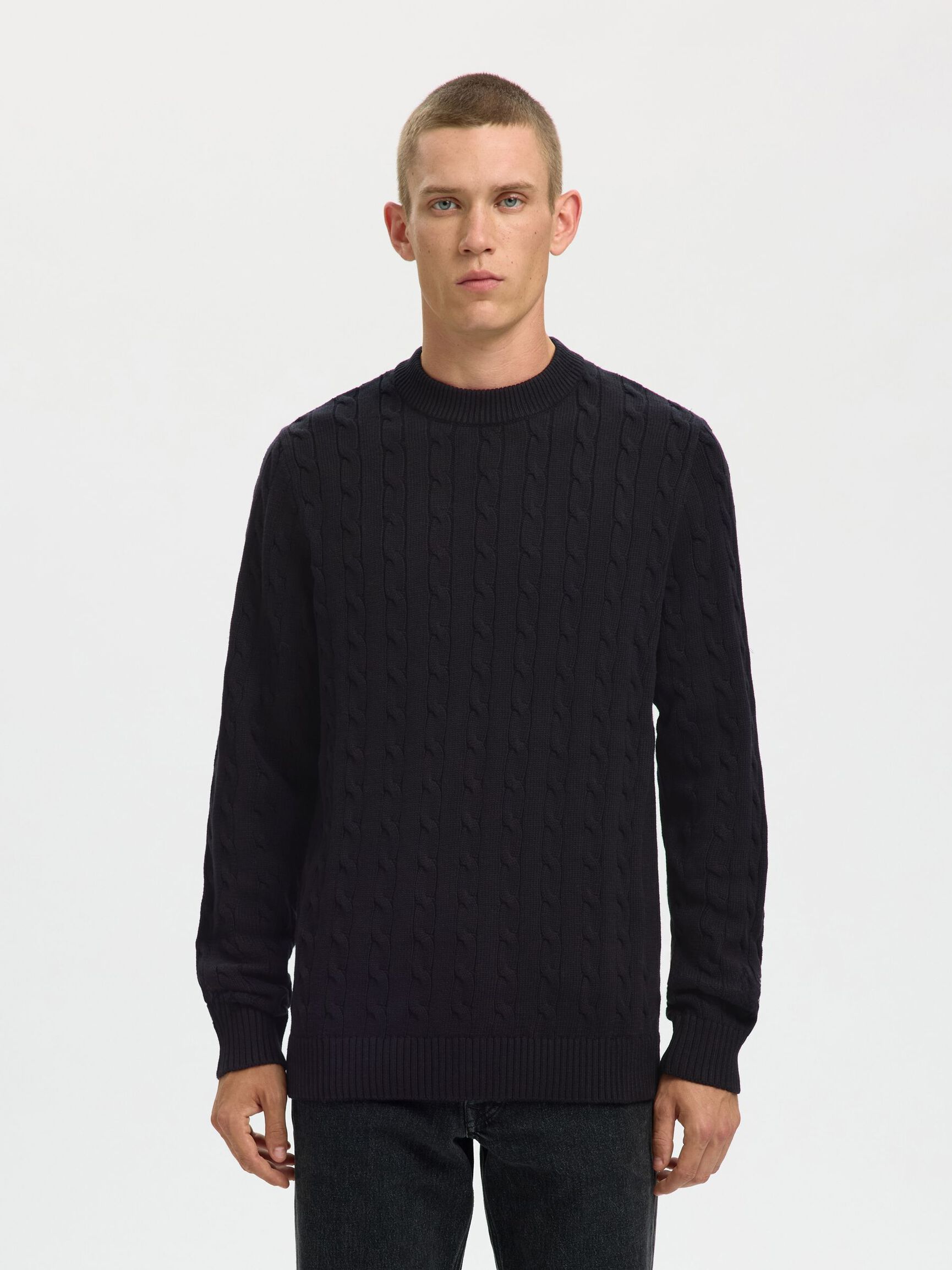 CABLE KNIT KNITTED JUMPER, Black, highres