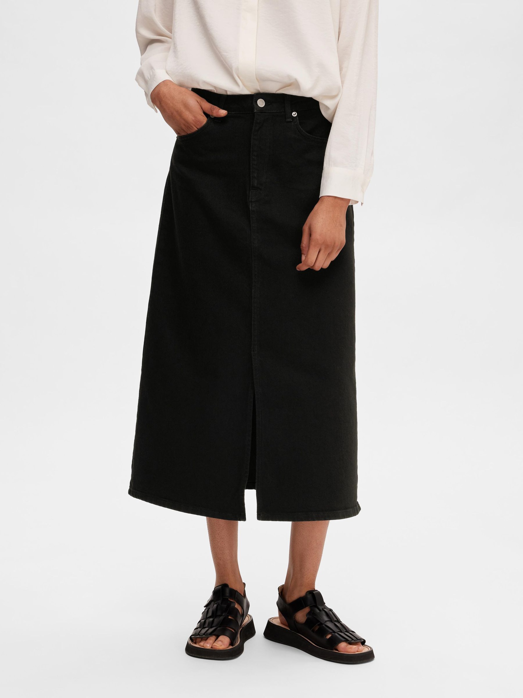 BLACK DENIM MIDI SKIRT, Black Denim, highres
