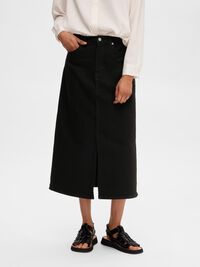 TELA VAQUERA NEGRA FALDA MIDI, Black Denim, highres