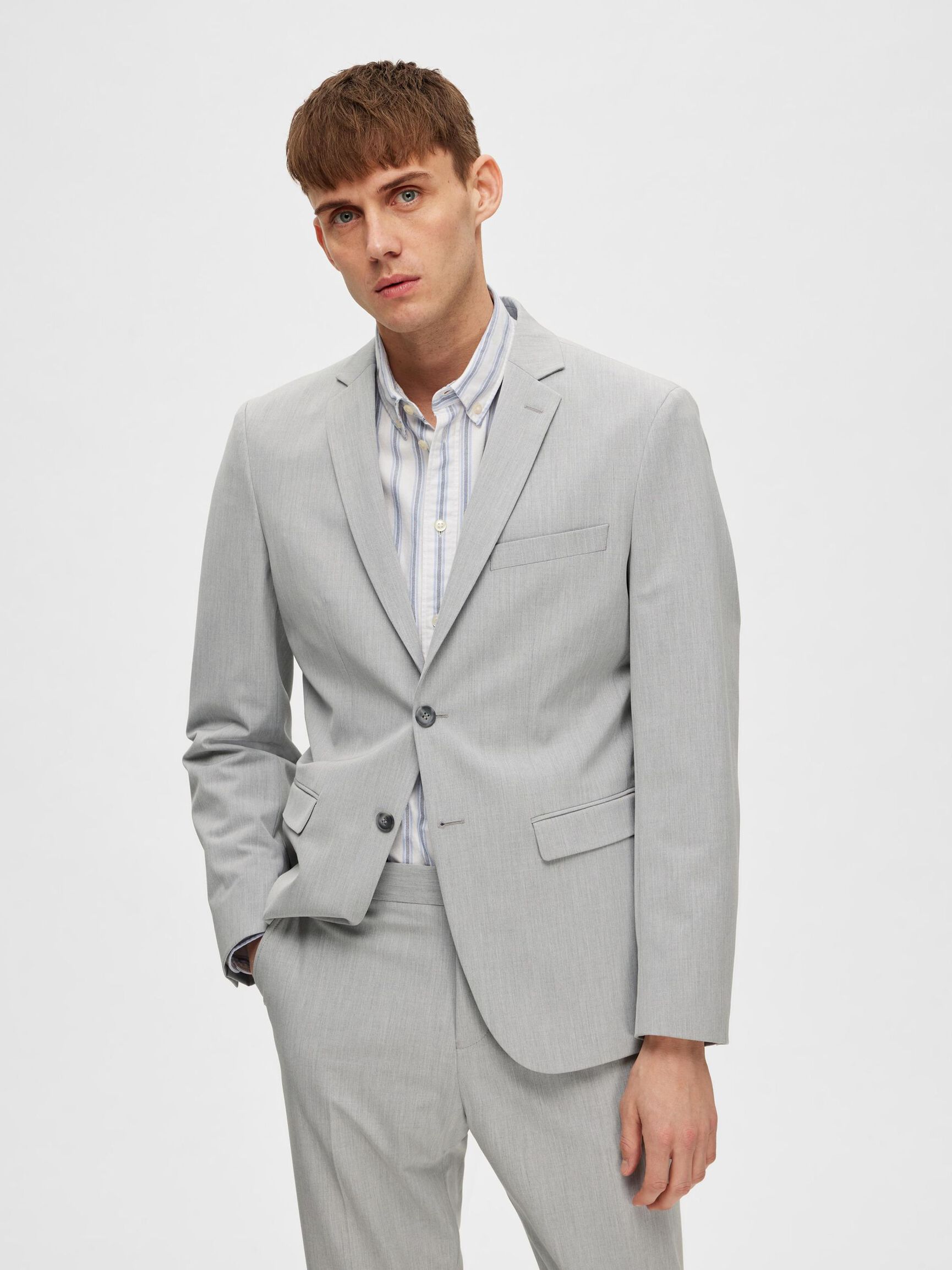 COUPE SLIM EN VISCOSE MÉLANGÉE BLAZER, Light Grey Melange, highres