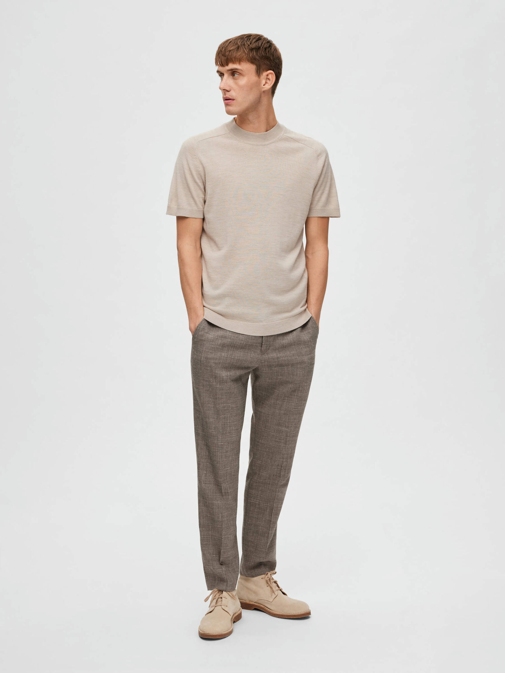 KNITTED SHORT SLEEVED TOP, Fog, highres