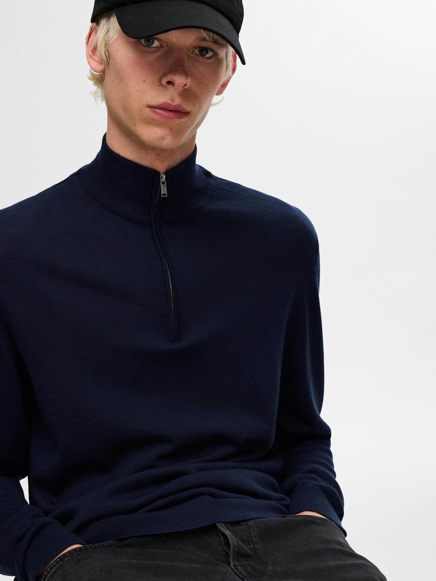 100% MERINO WOOL HALF-ZIP JUMPER, Navy Blazer, highres