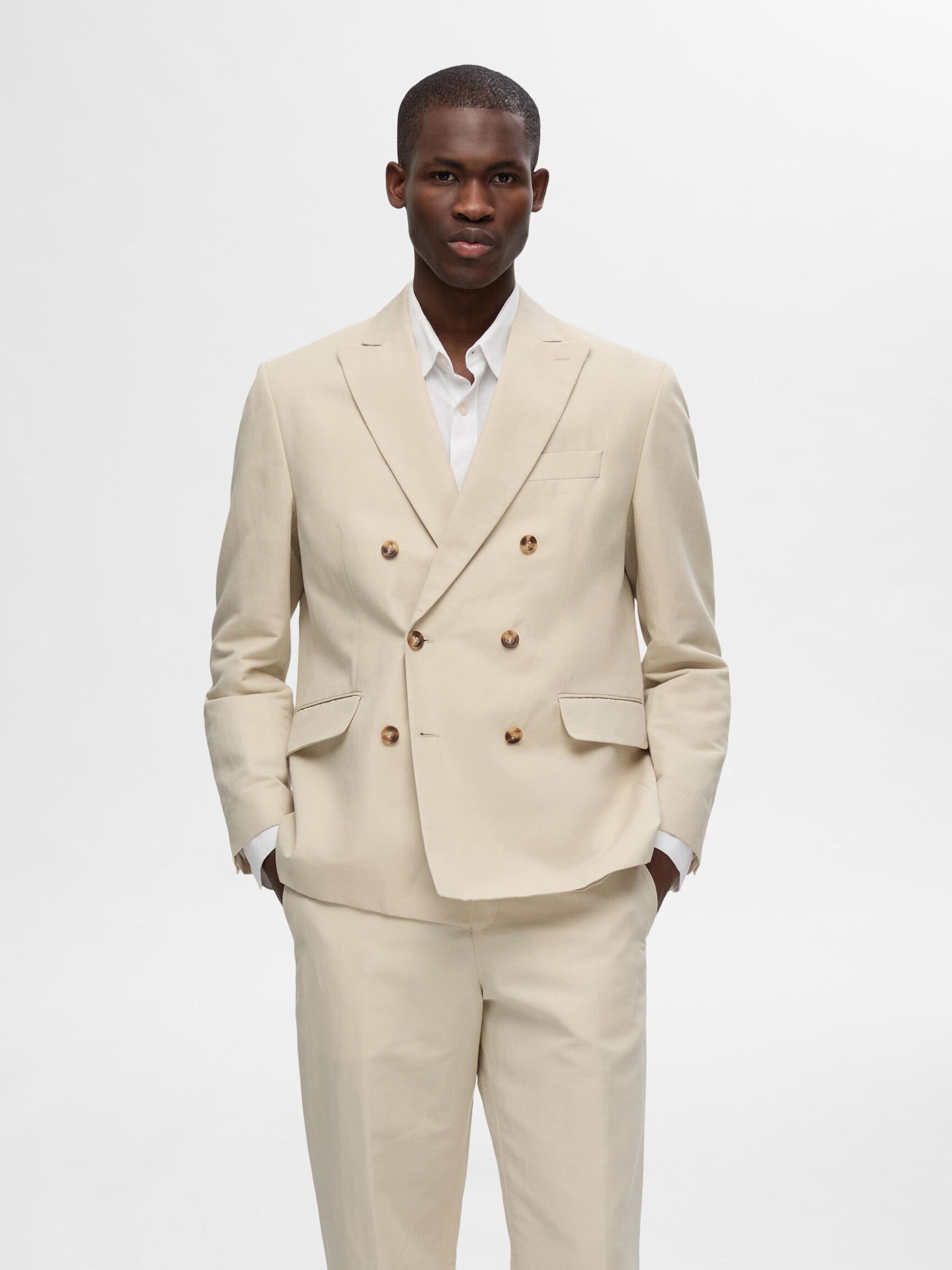DOUBLE BREASTED LINEN BLEND BLAZER, Sand, highres