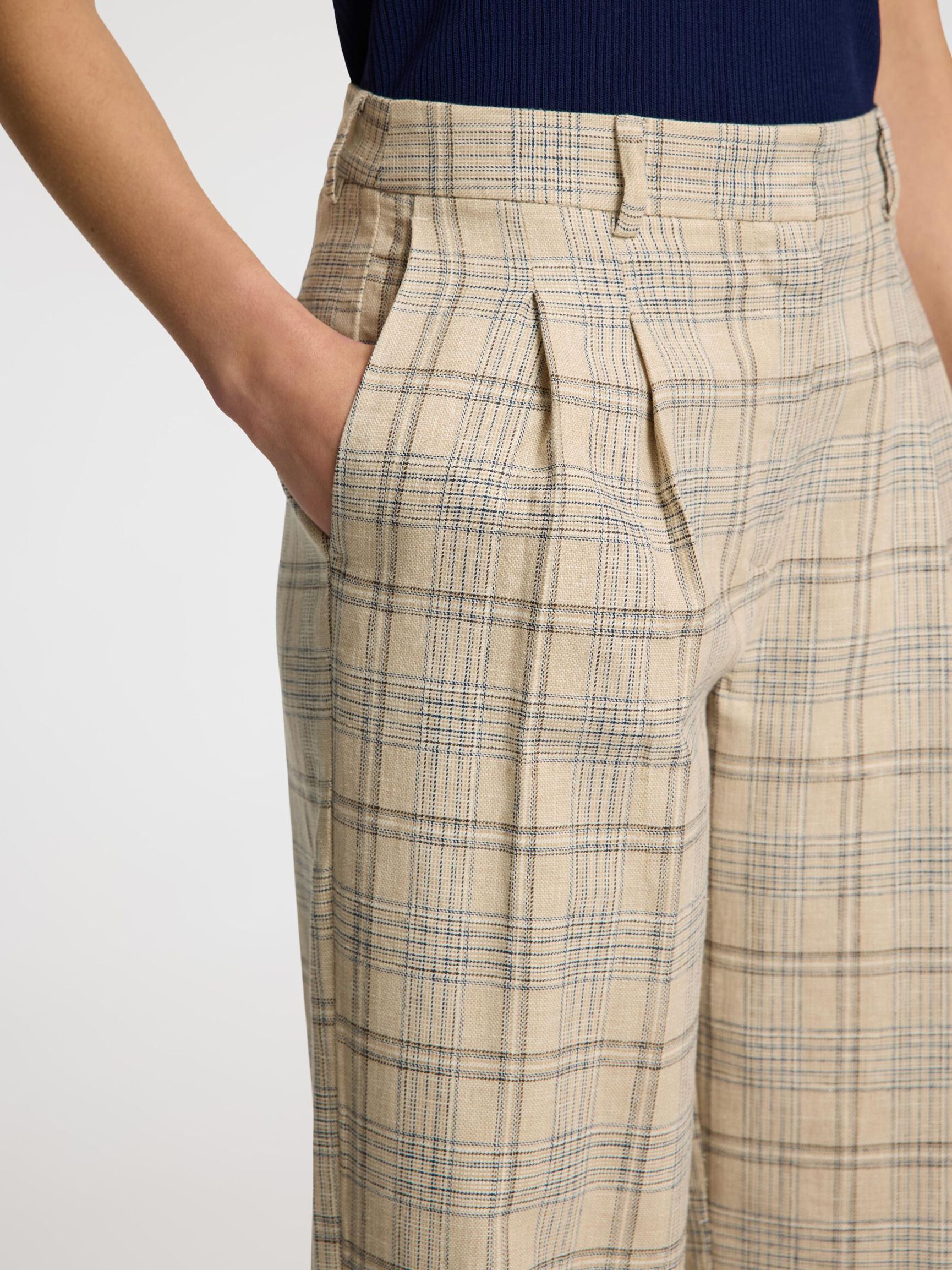 LINEN BLEND CHECKED WIDE-LEG TROUSERS, Bleached Sand, highres
