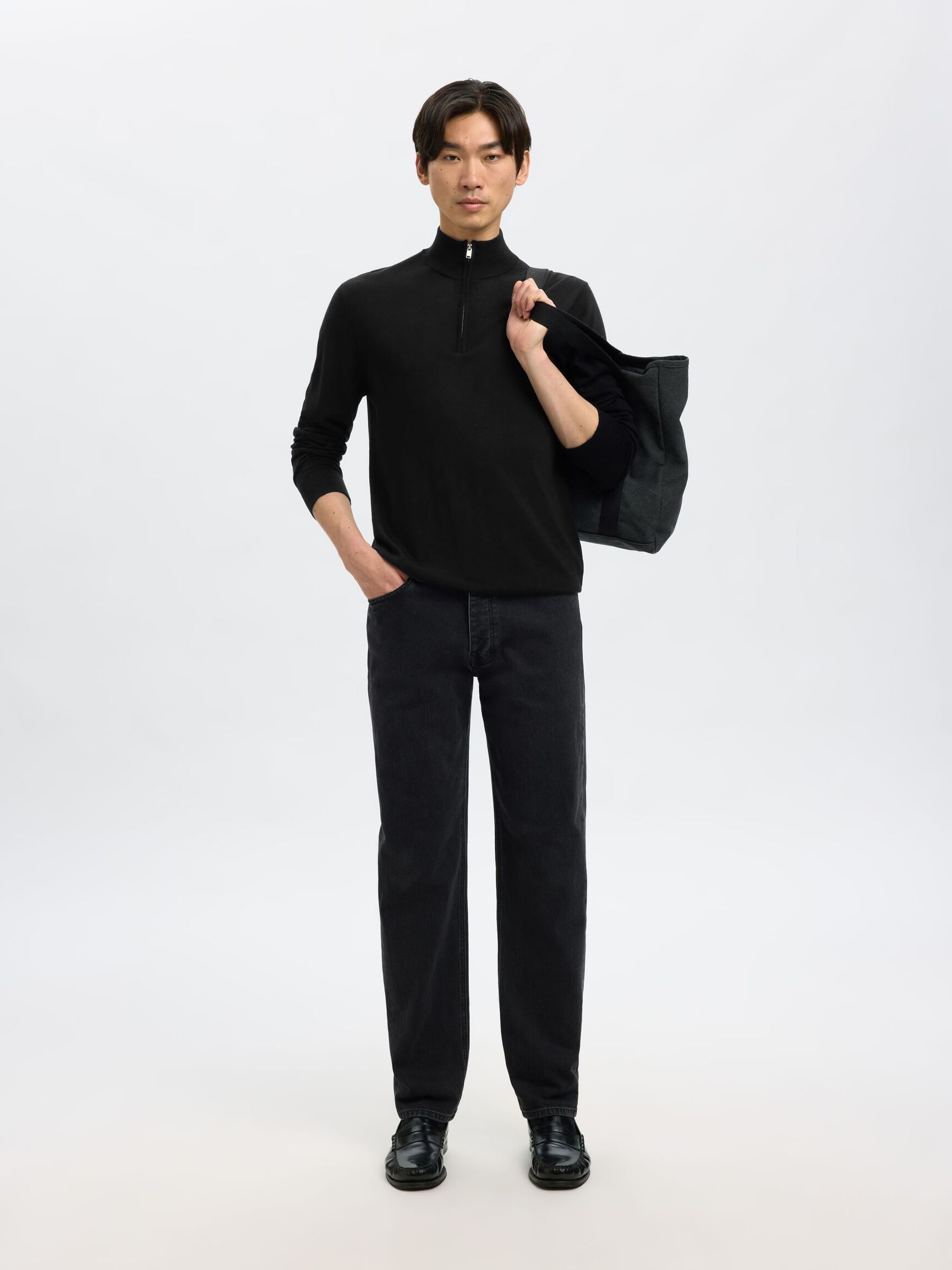 100% MERINO WOOL HALF-ZIP JUMPER, Black, highres