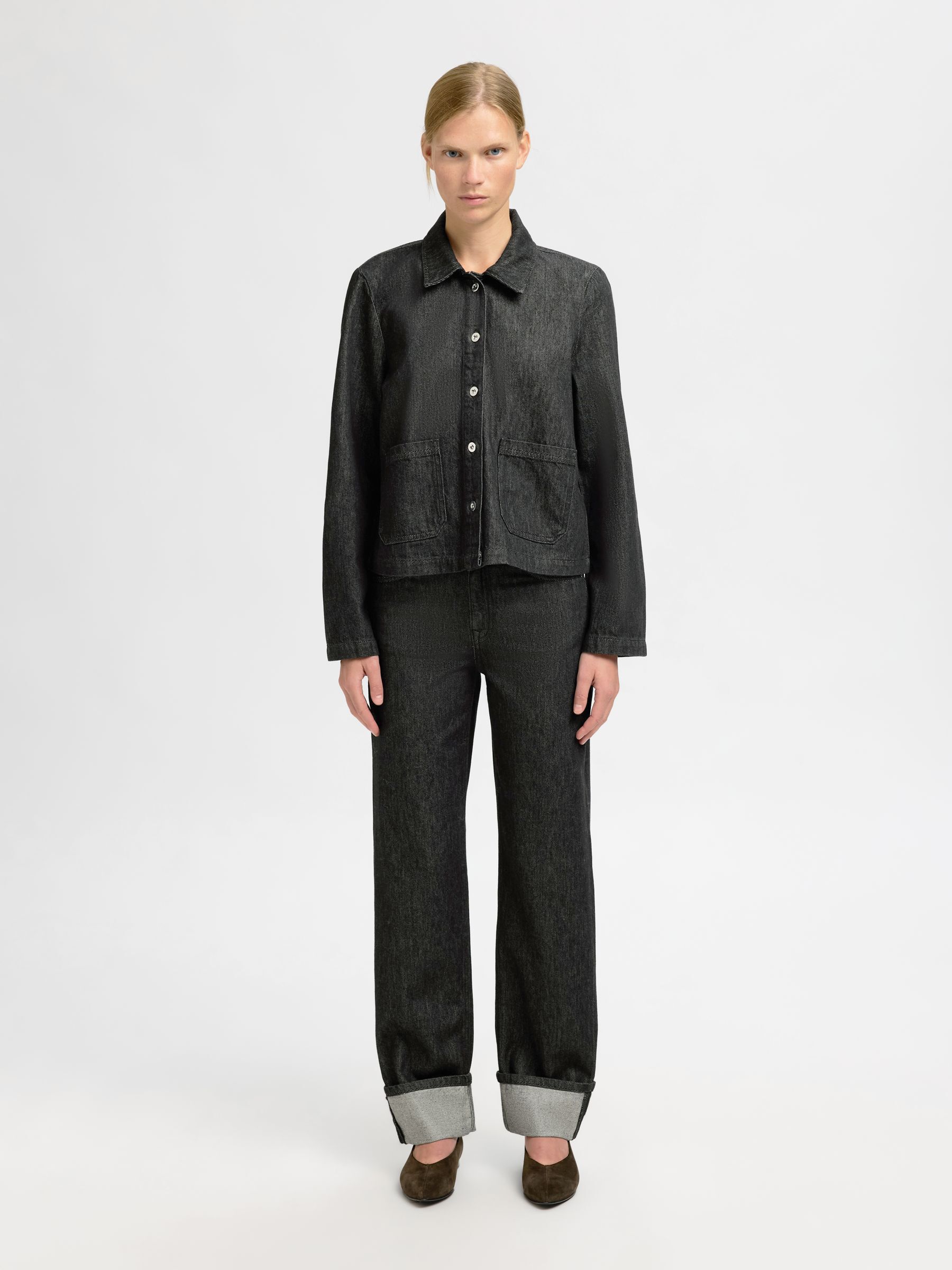 DARK WASH DENIM SHIRT, Black Denim, highres