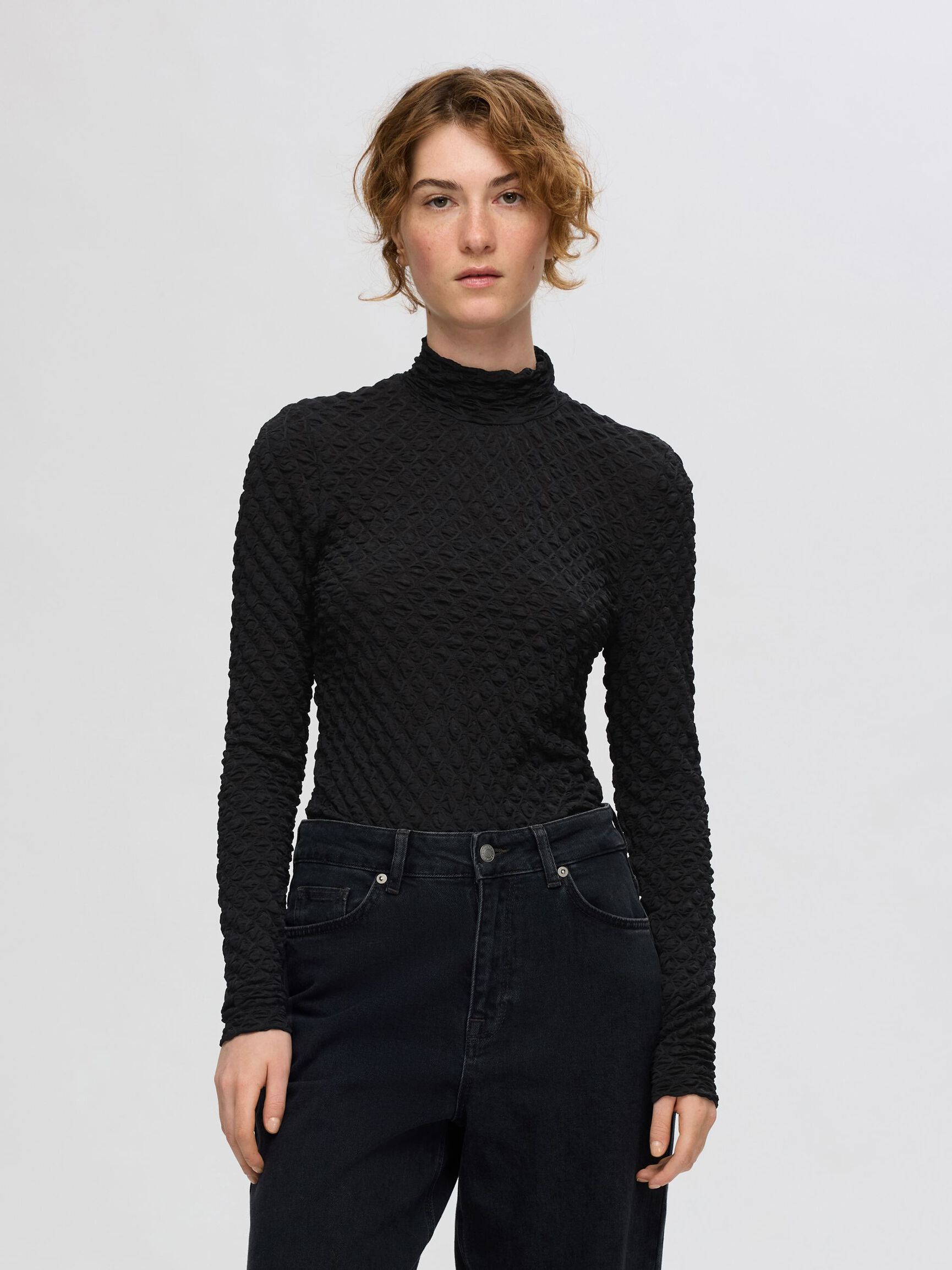 TEXTURED LONG SLEEVED TOP, Black, highres