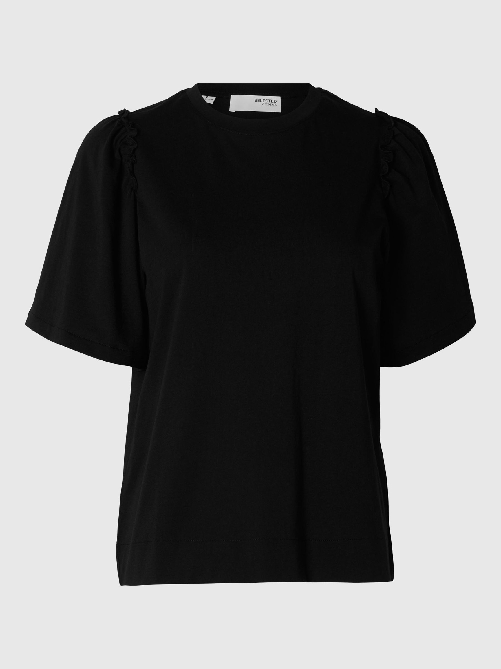 RUFFLED COTTON T-SHIRT, Black, highres