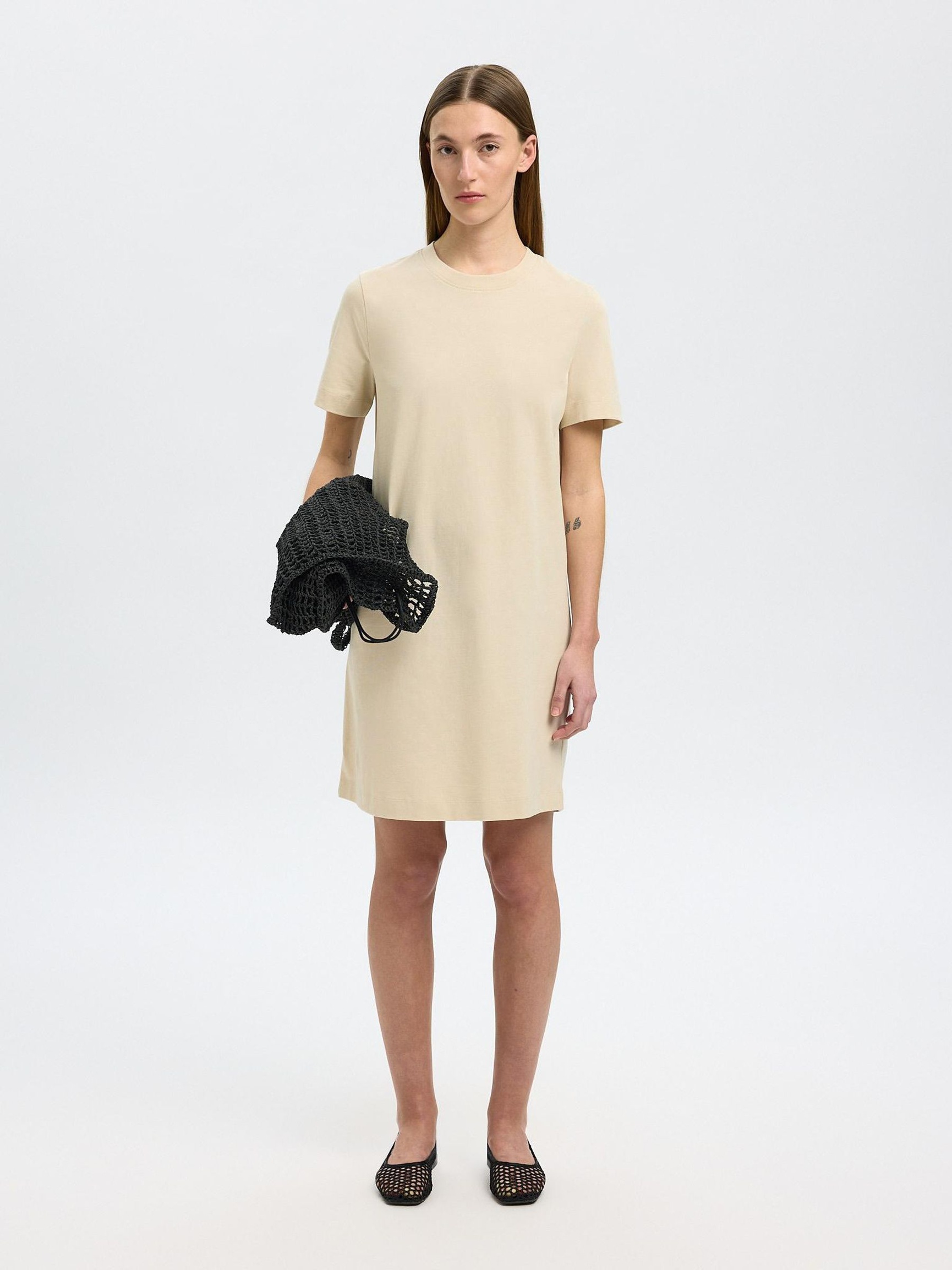 KORTE MOUWEN MINI JURK, Birch, highres