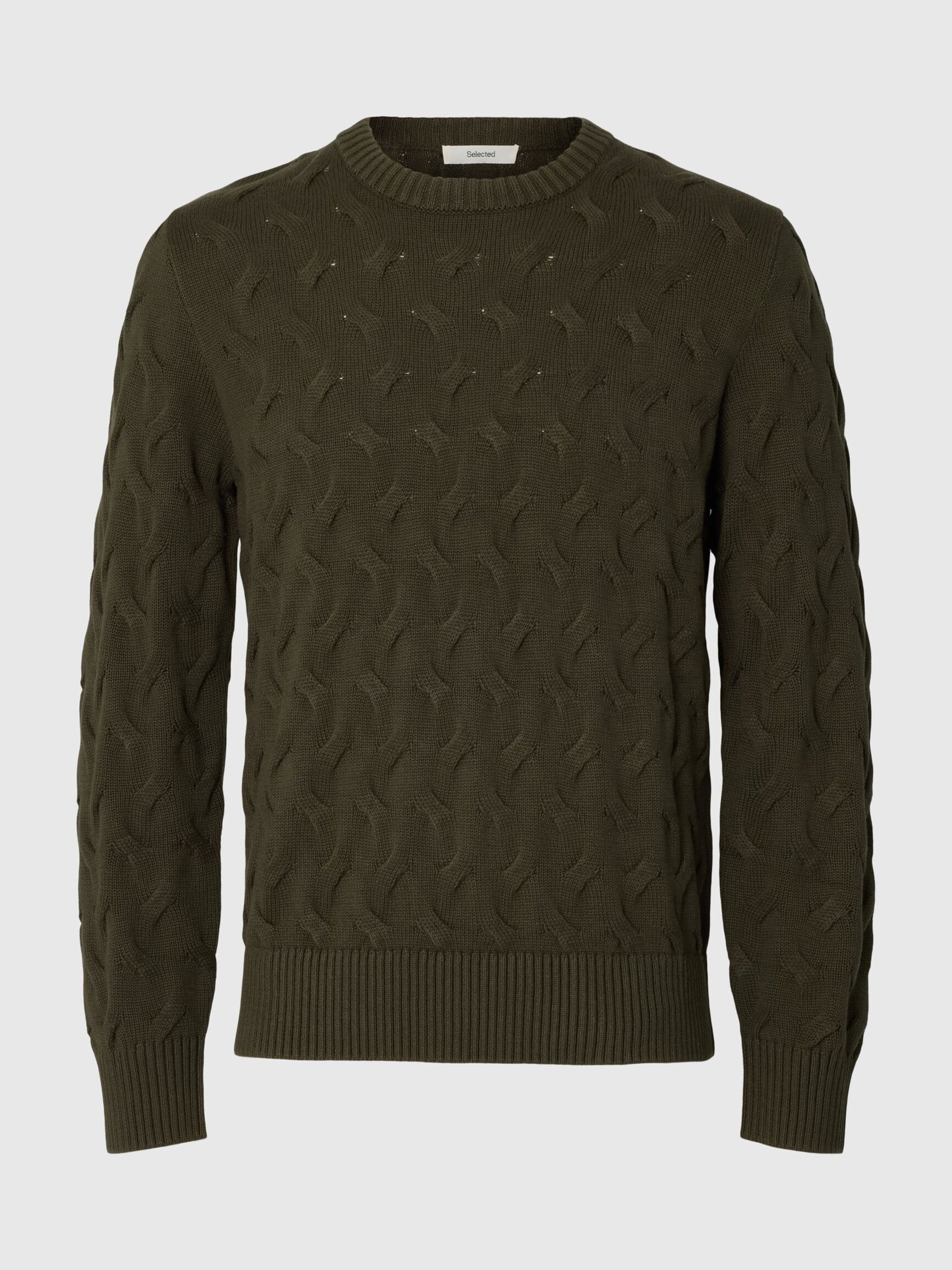 CABLE KNIT CREWNECK JUMPER, Forest Night, highres