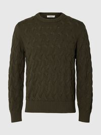CABLE KNIT CREWNECK JUMPER, Forest Night, highres