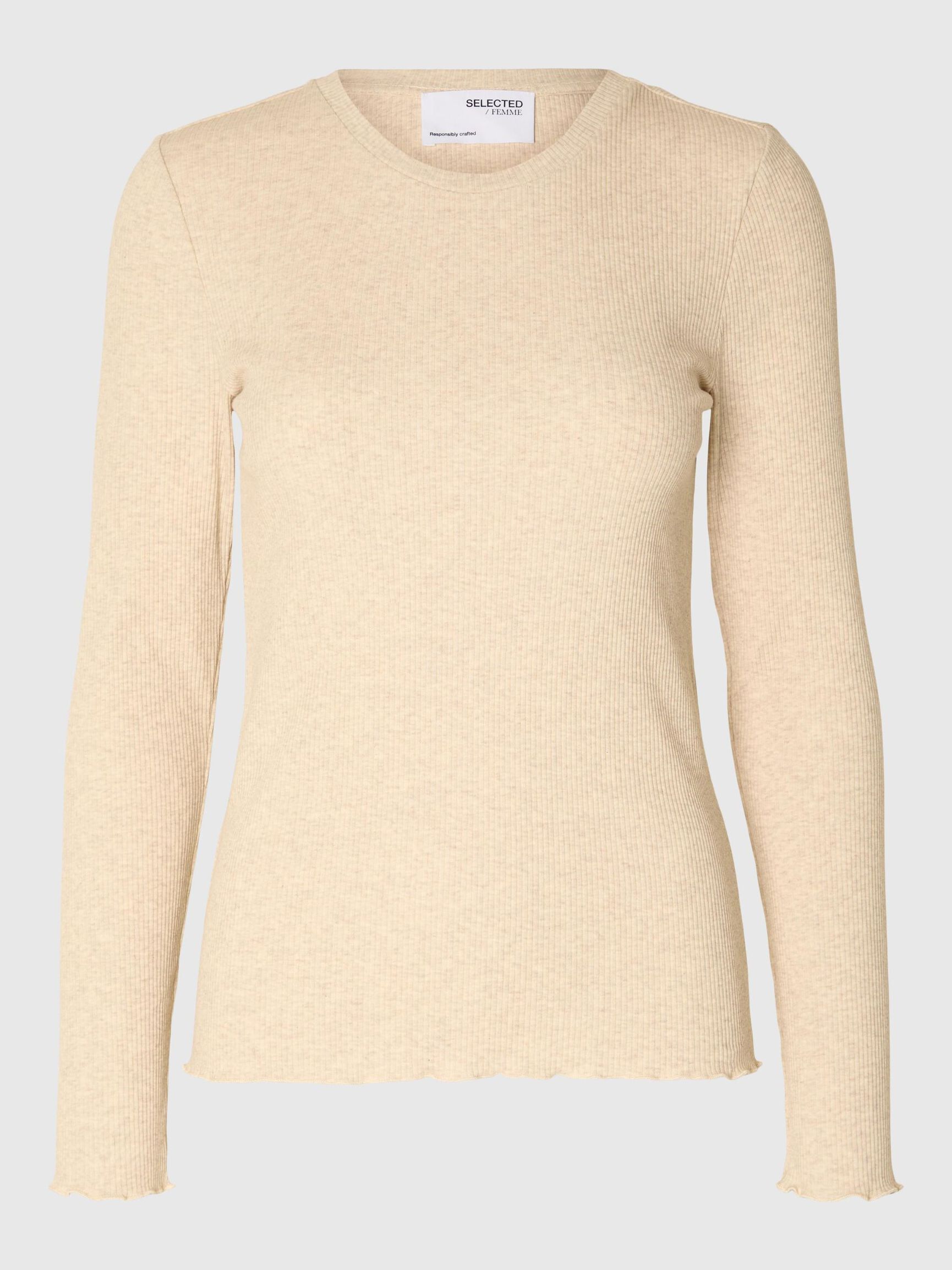 RIBBED LONG SLEEVED TOP, Oatmeal, highres