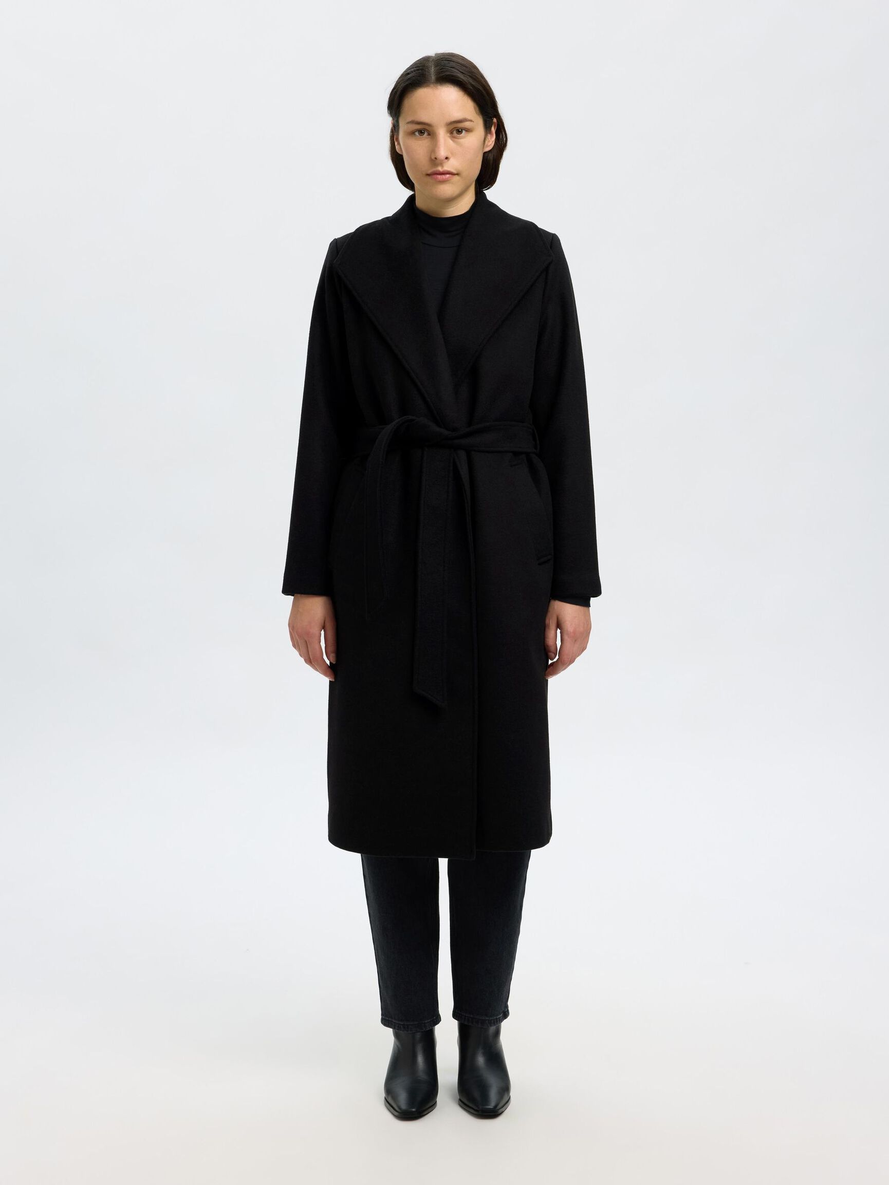WOOL BLEND LONG COAT, Black, highres