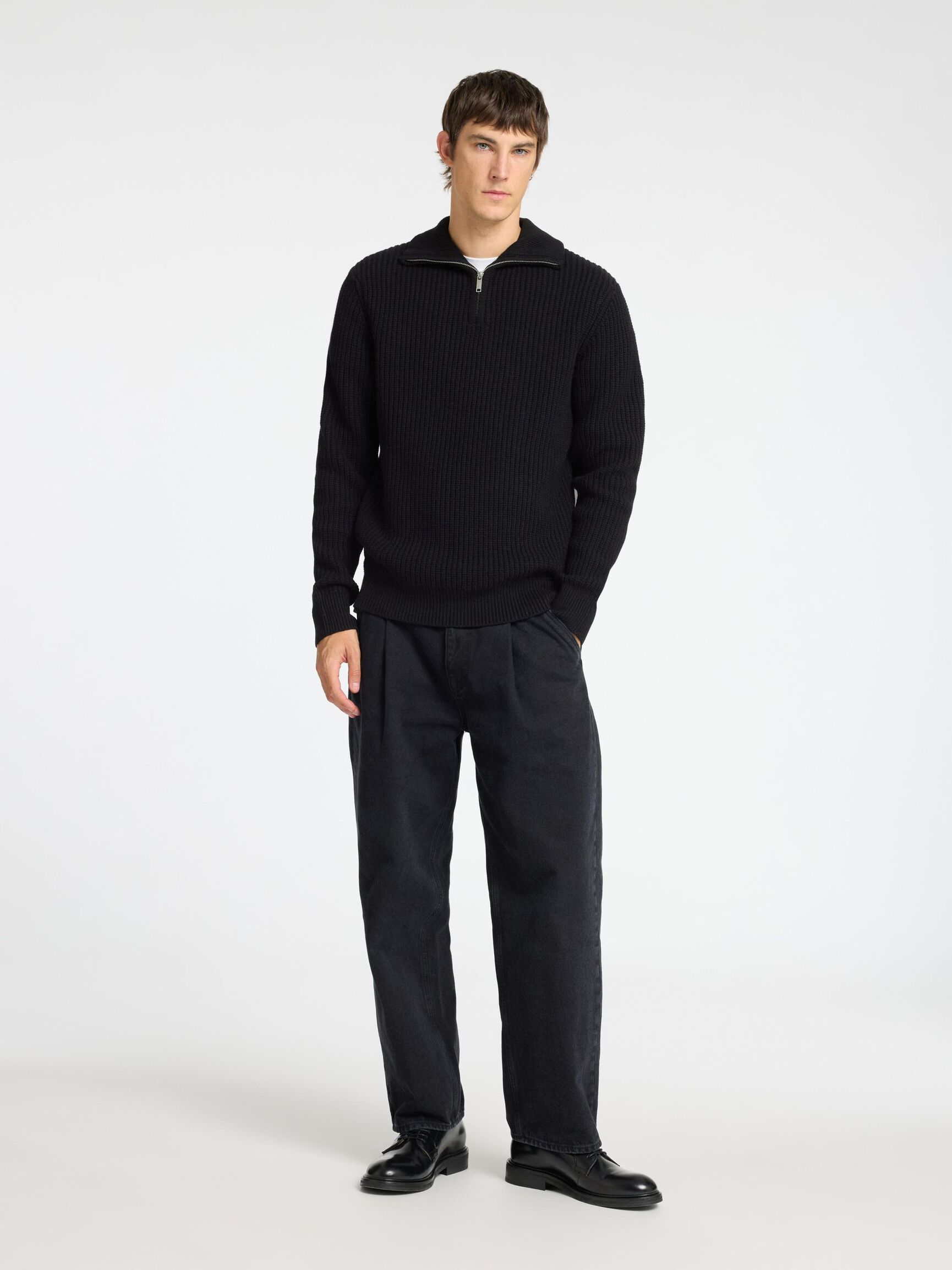 WOLLGEMISCH STRICK HALF-ZIP PULLOVER, Black, highres