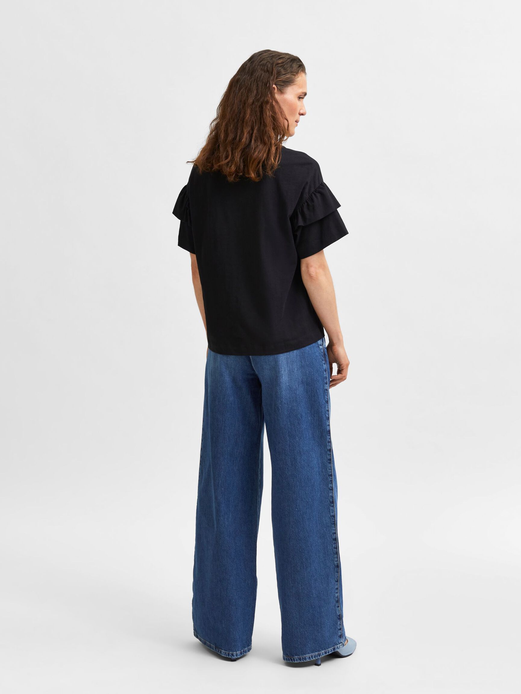 COTTON RUFFLE  T-SHIRT, Black, highres
