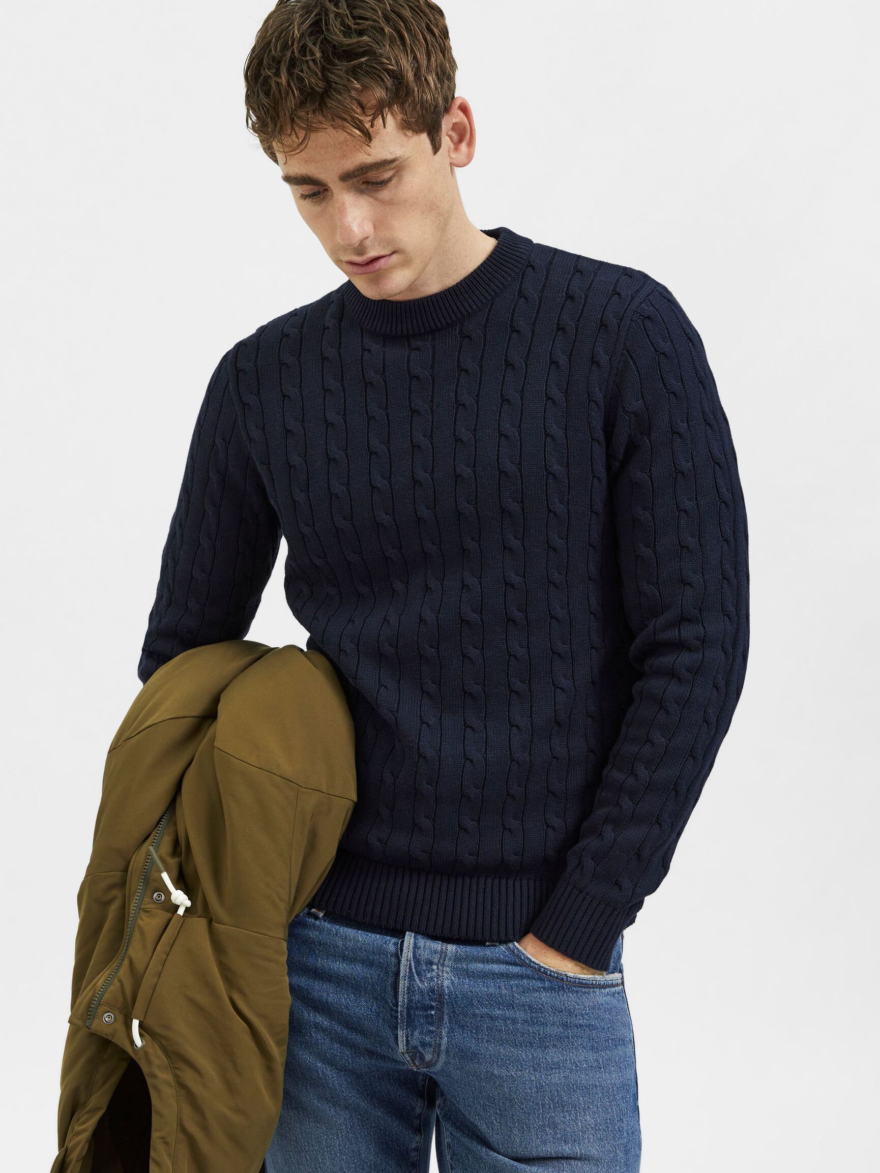 CABLE KNIT KNITTED JUMPER, Sky Captain, highres