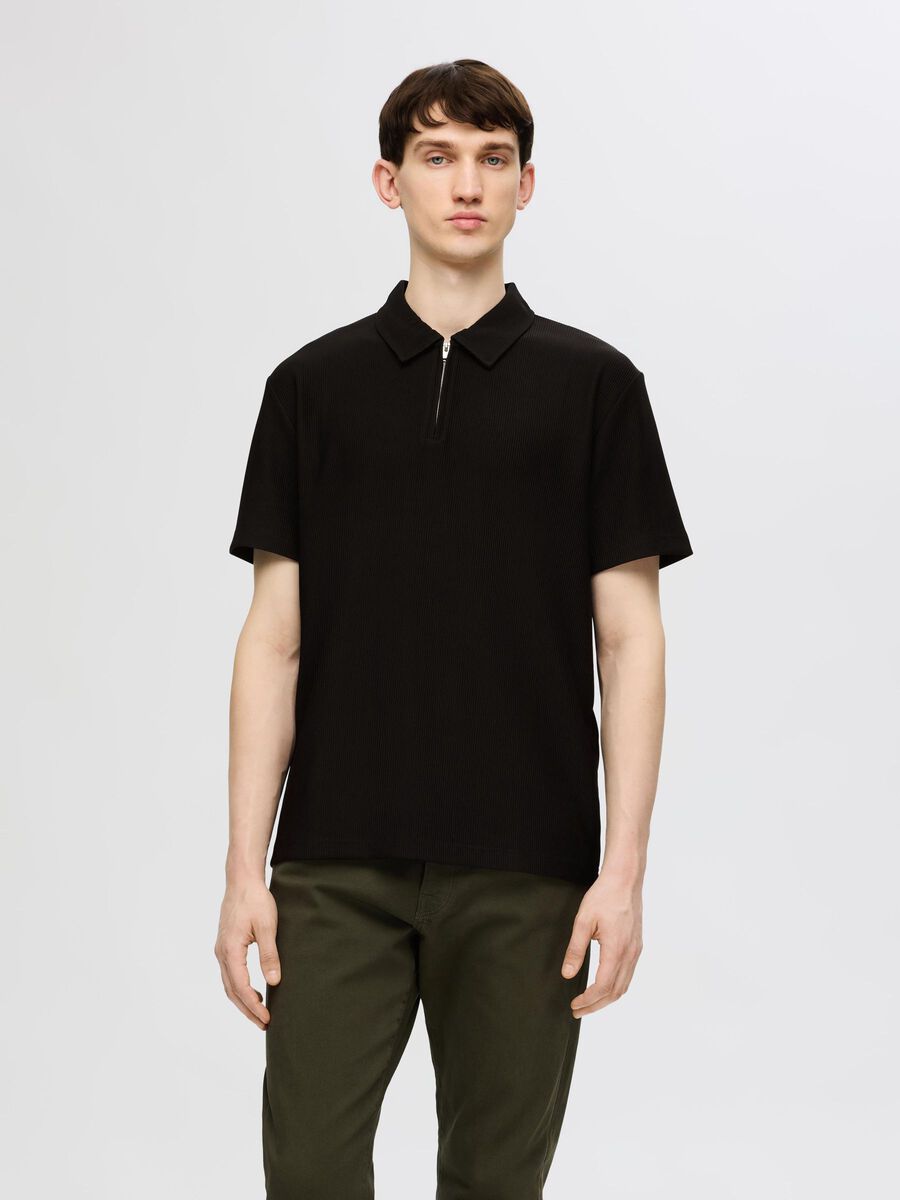 Selected HALF-ZIP PLISSEE POLO SHIRT, Black, highres - 16094291_Black_003.jpg