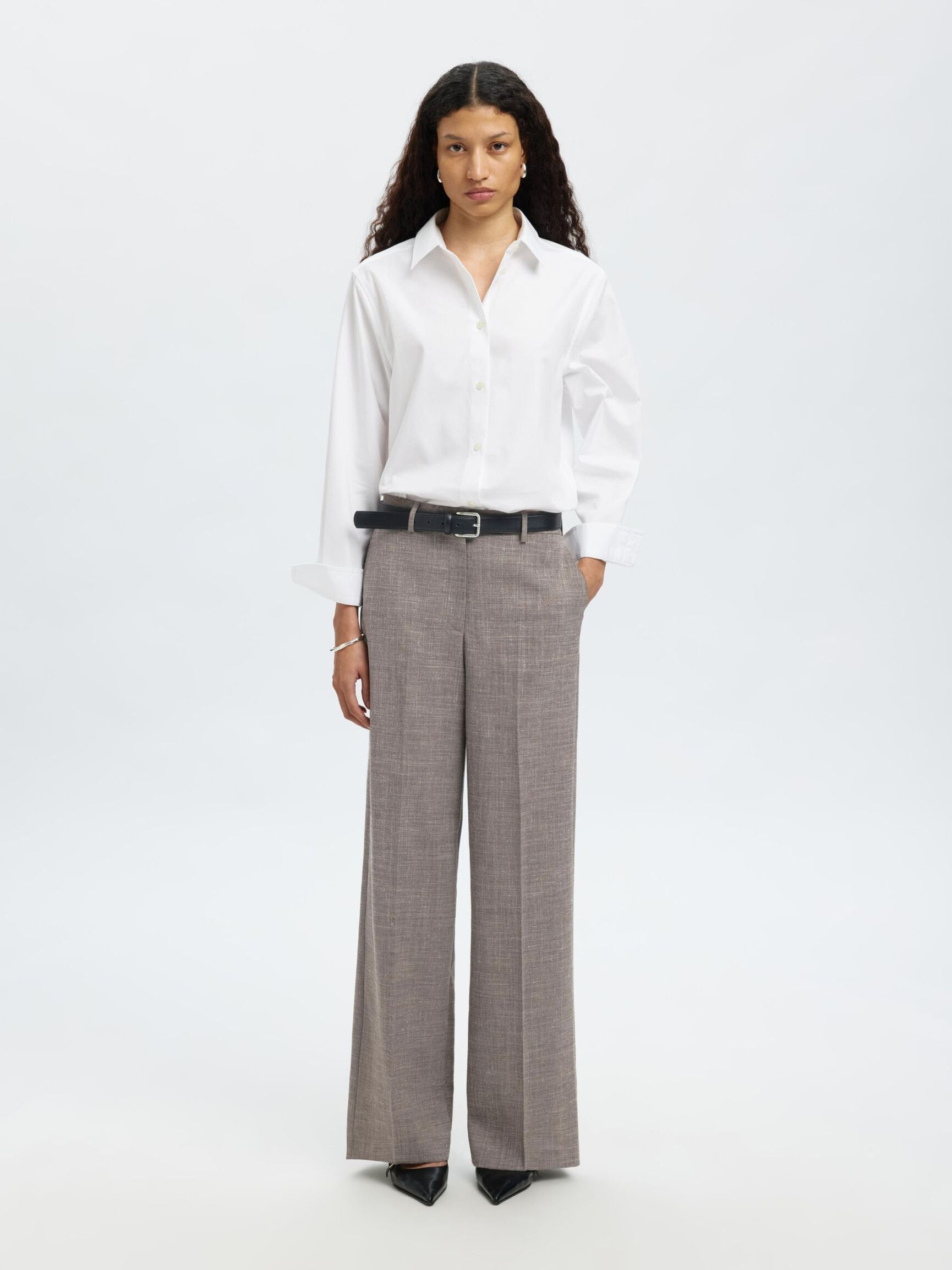 TAILORED WIDE-LEG TROUSERS, Dark Sand Melange, highres