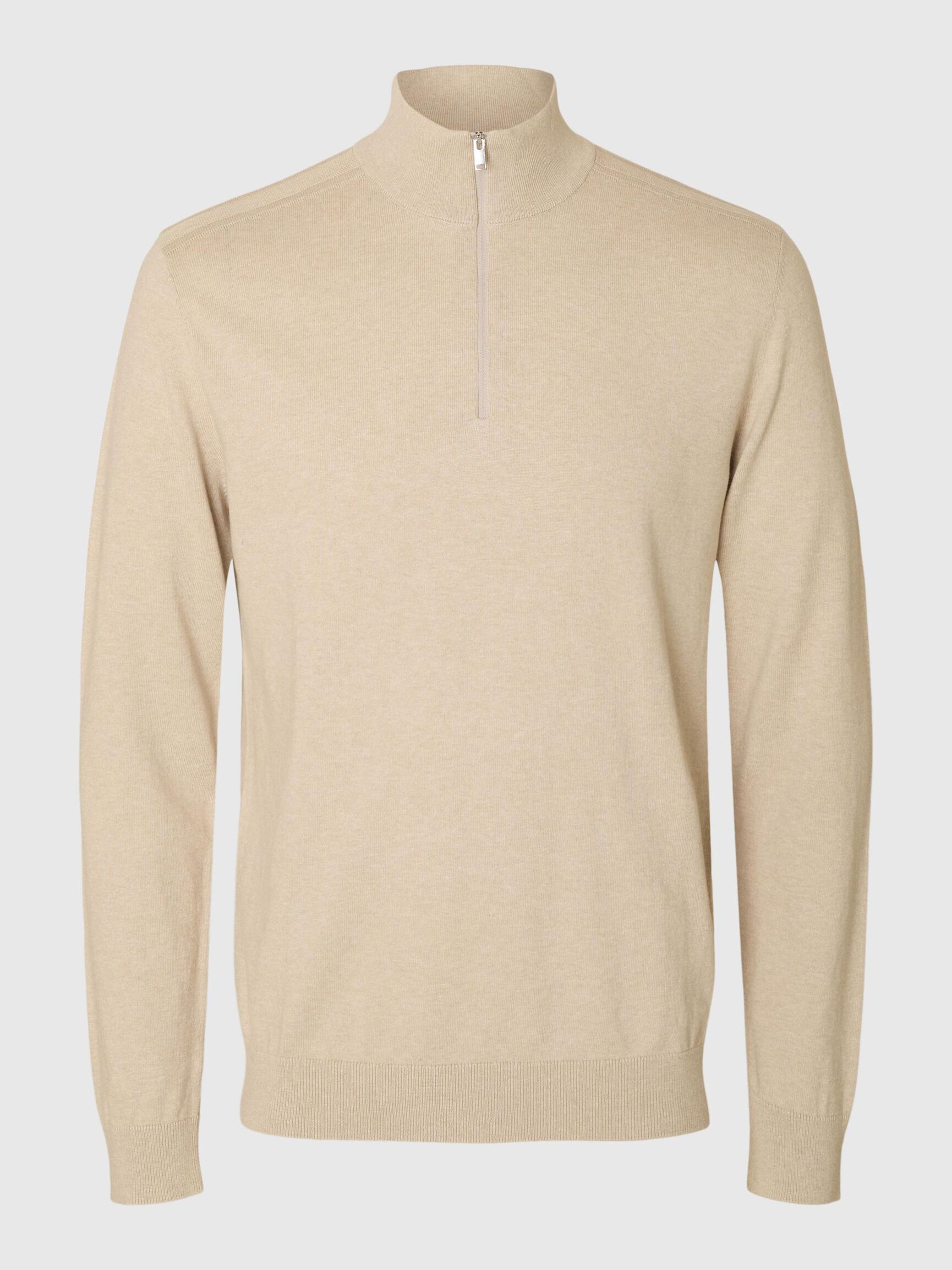 HALF-ZIP KNITTED JUMPER, Oatmeal, highres