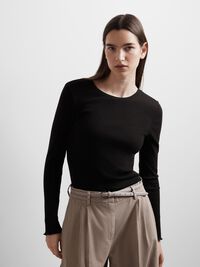 RIBBED LONG SLEEVED TOP, Black, highres