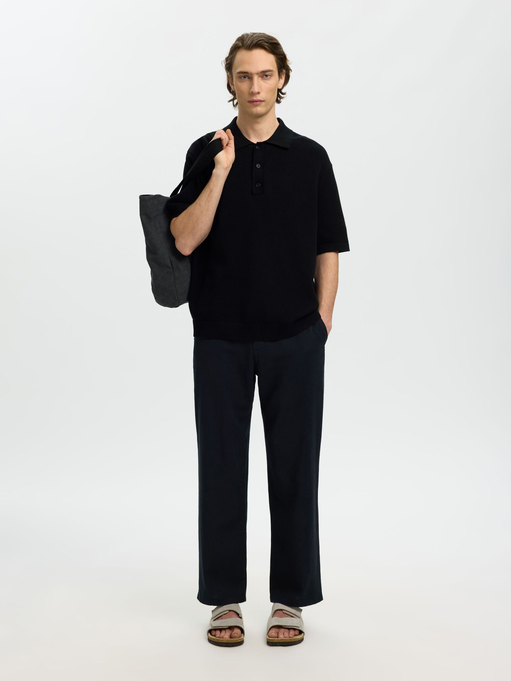 RELAXED FIT POLOHEMD AUS STRICK, Black, highres