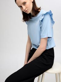 FRILLED SHORT-SLEEVED T-SHIRT, Cashmere Blue, highres