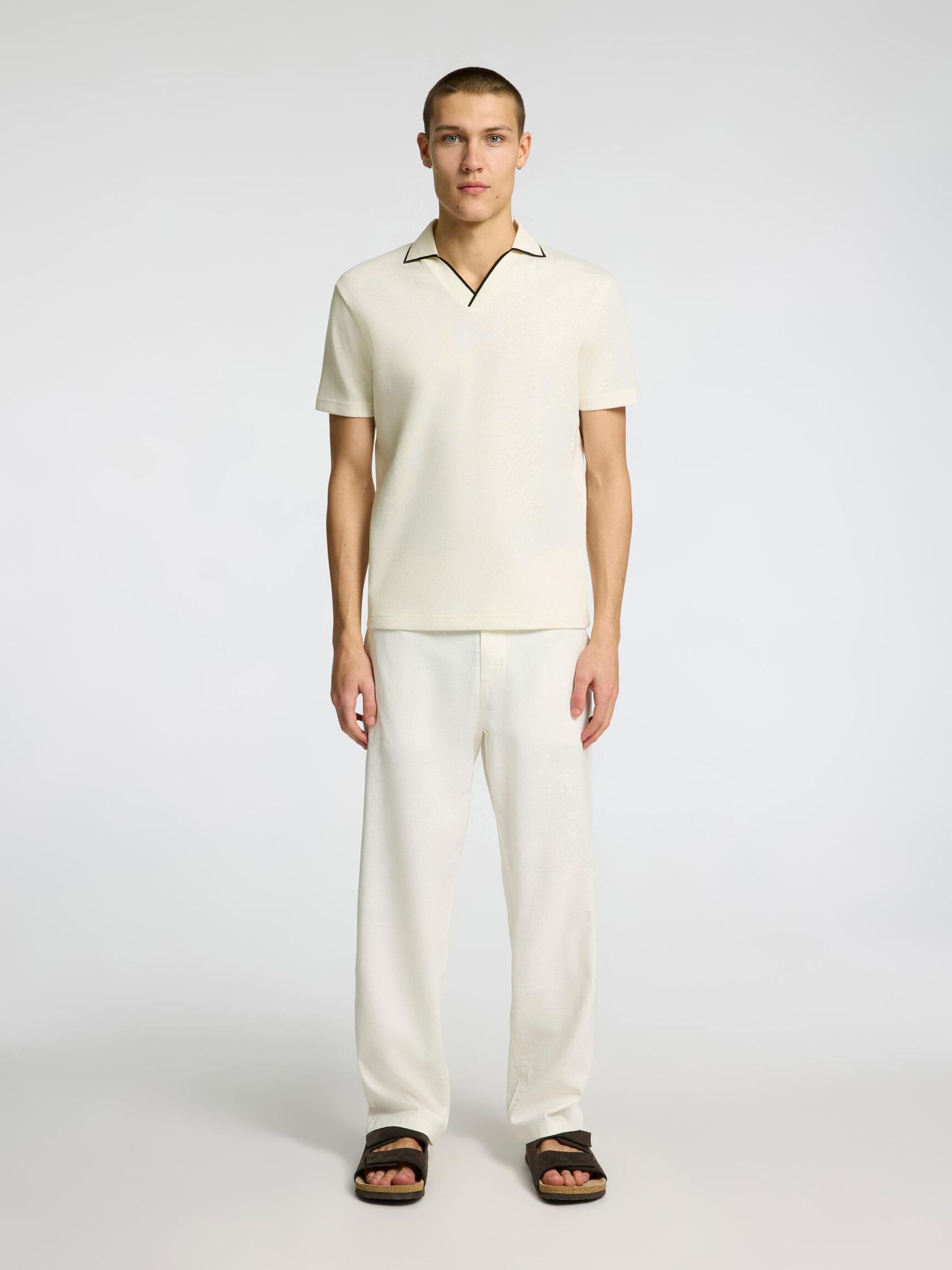 COTTON BLEND SPLIT NECK POLO SHIRT, Egret, highres