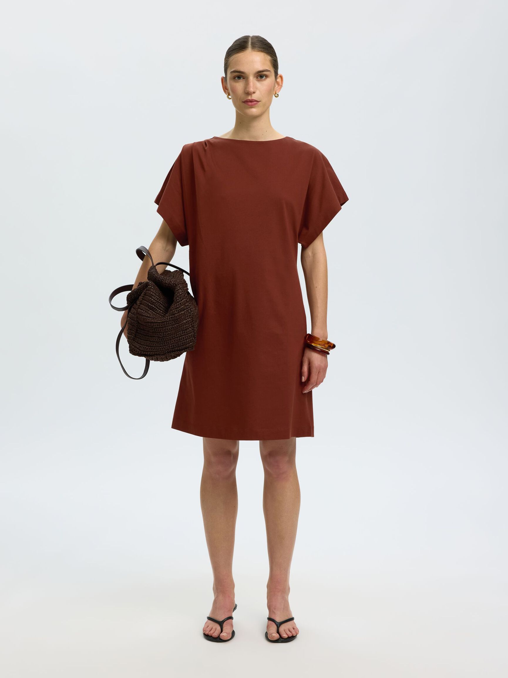 COTTON SHORT SLEEVED MINI DRESS, Cherry Mahogany, highres