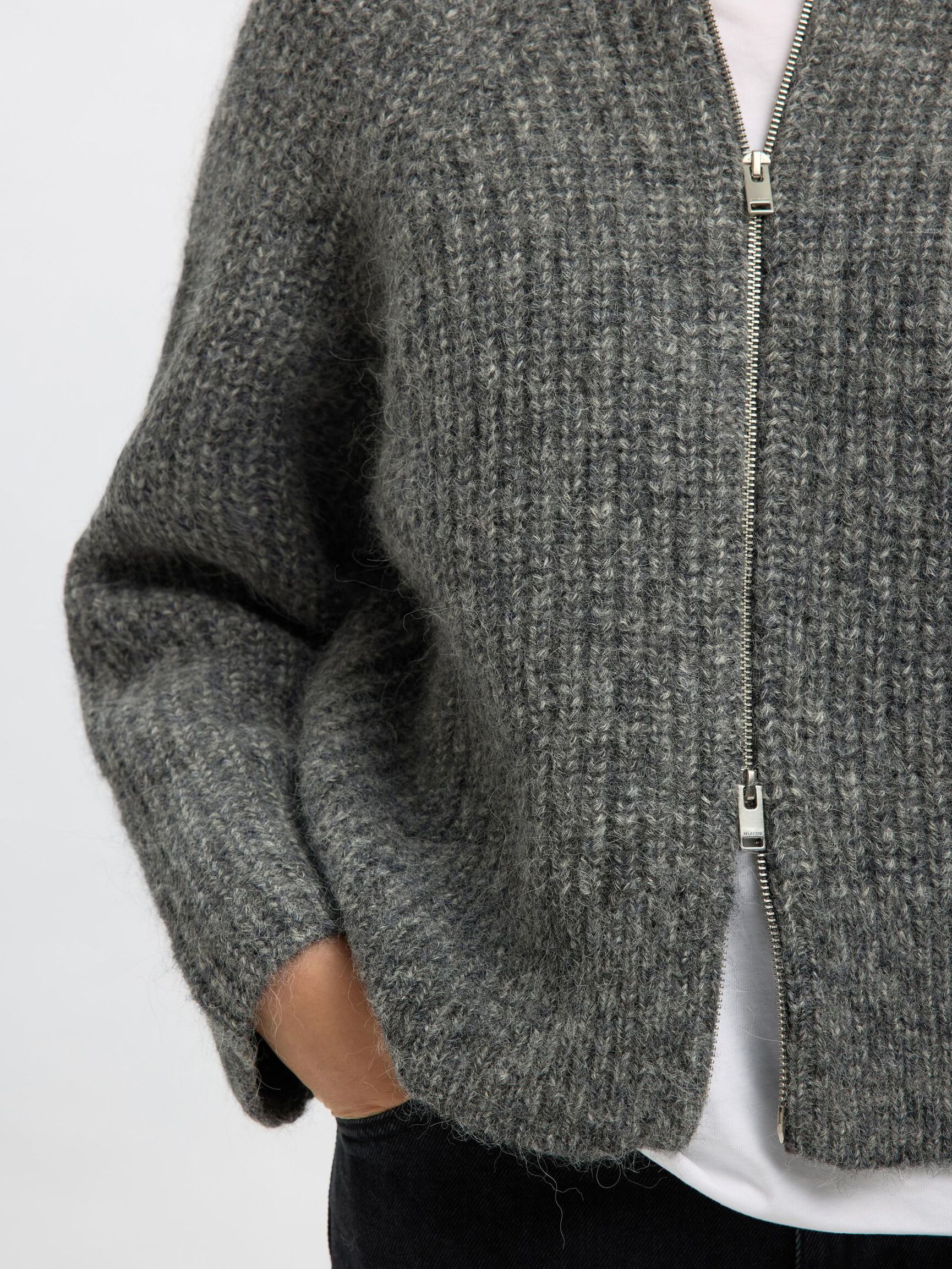 WOOL BLEND ZIP-FRONT CARDIGAN, Medium Grey Melange, highres