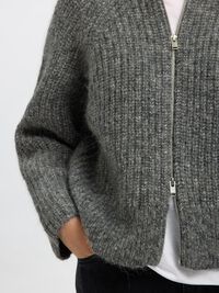 WOOL BLEND ZIP-FRONT CARDIGAN, Medium Grey Melange, highres