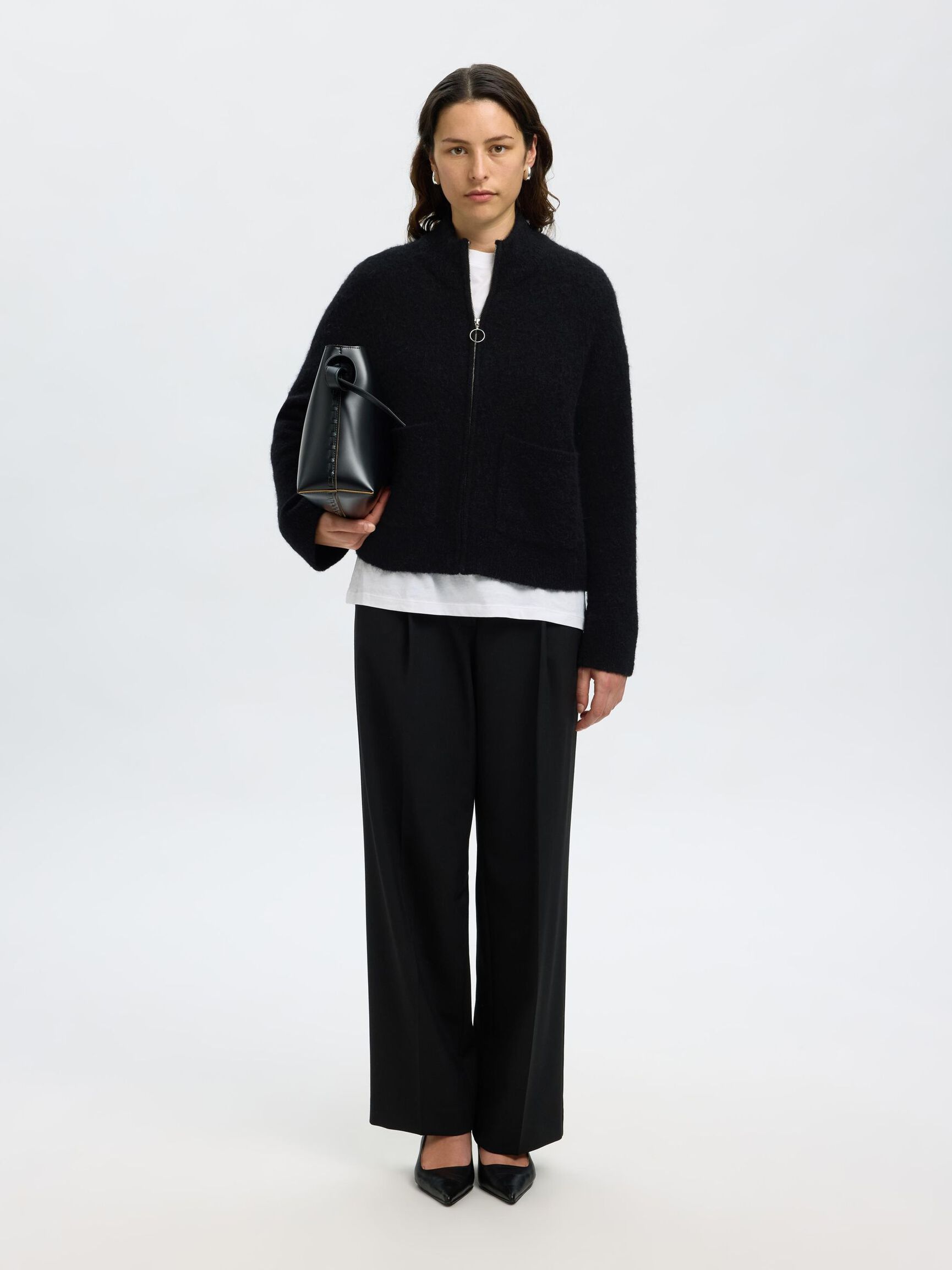 WOOL BLEND CARDIGAN, Black, highres