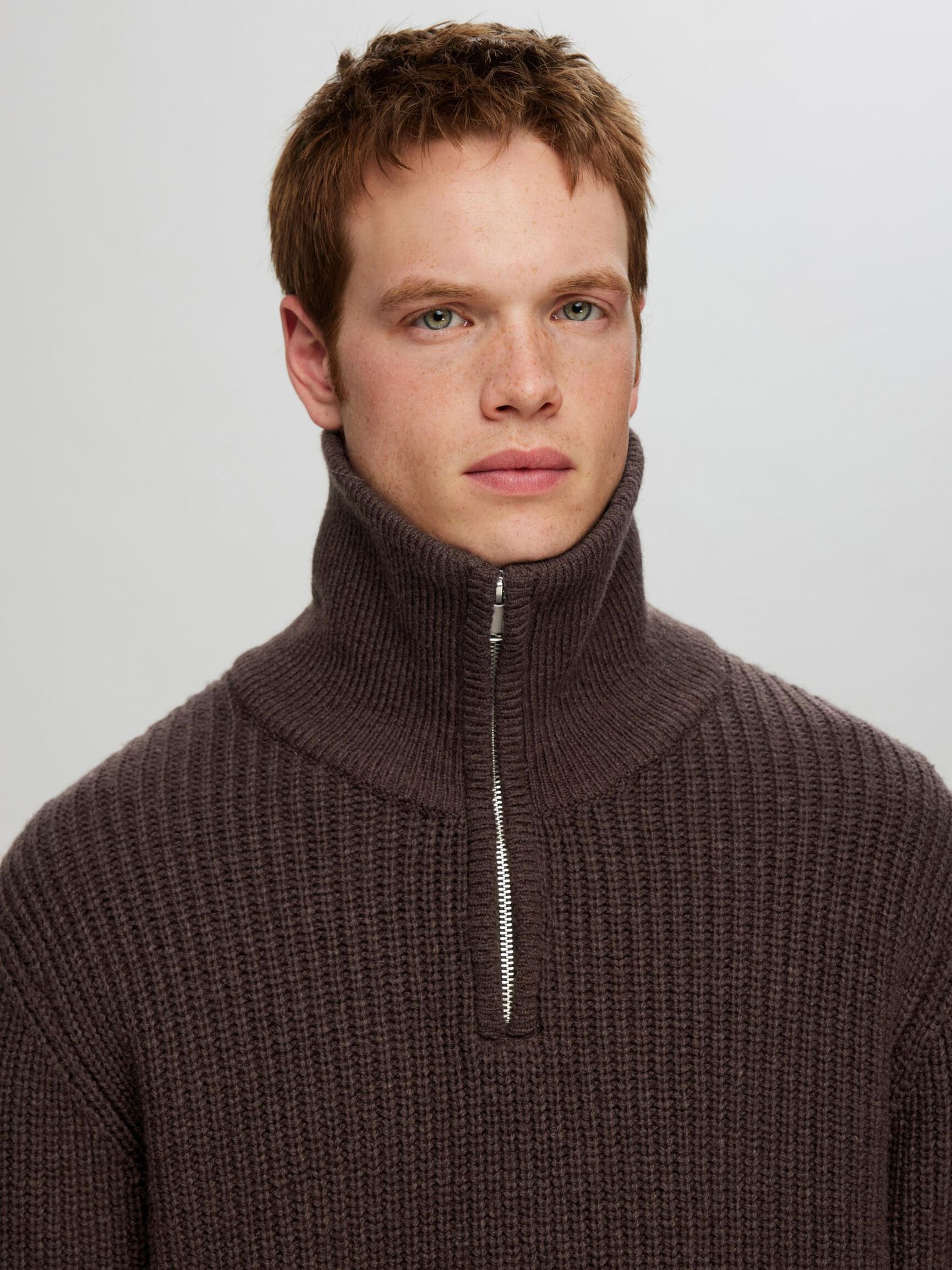 WOLLGEMISCH STRICK HALF-ZIP PULLOVER, Chocolate Torte, highres