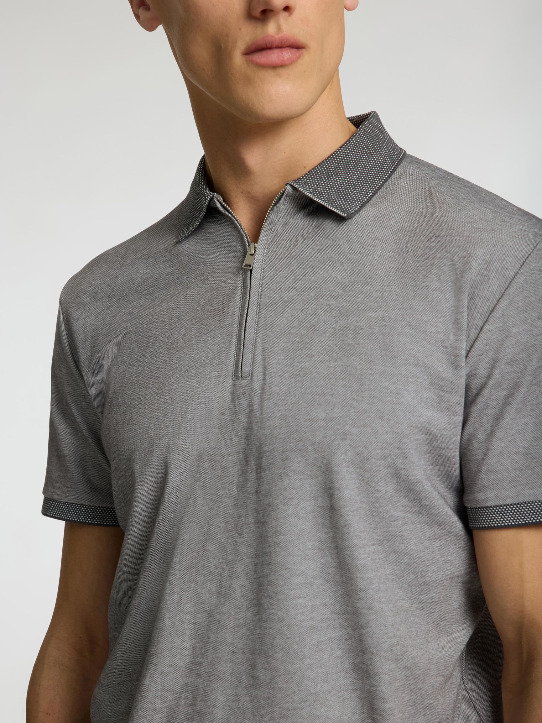ZIPPER KNITTED POLO SHIRT, Medium Grey Melange, highres