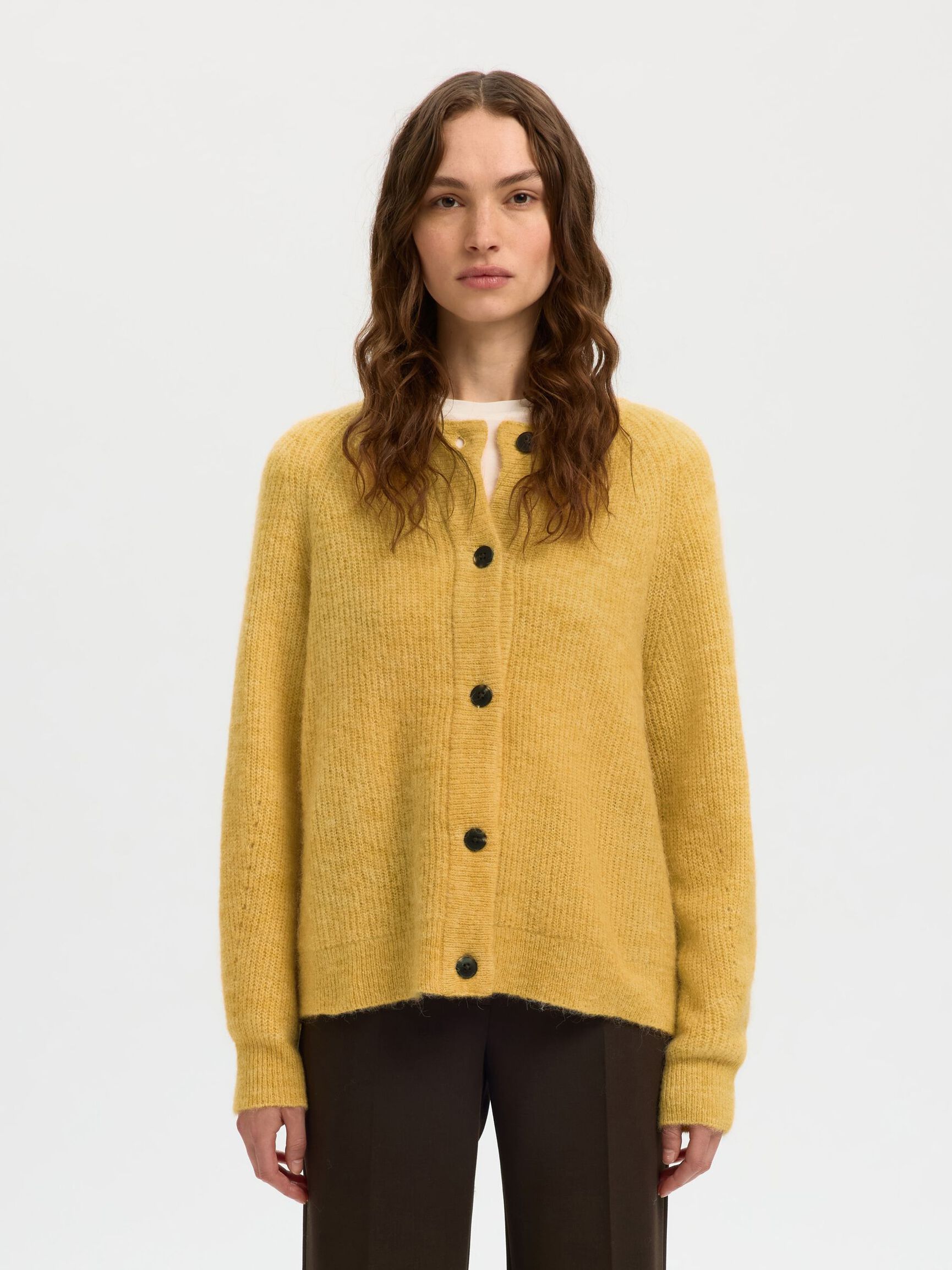 WOOL BLEND CARDIGAN, Ochre, highres