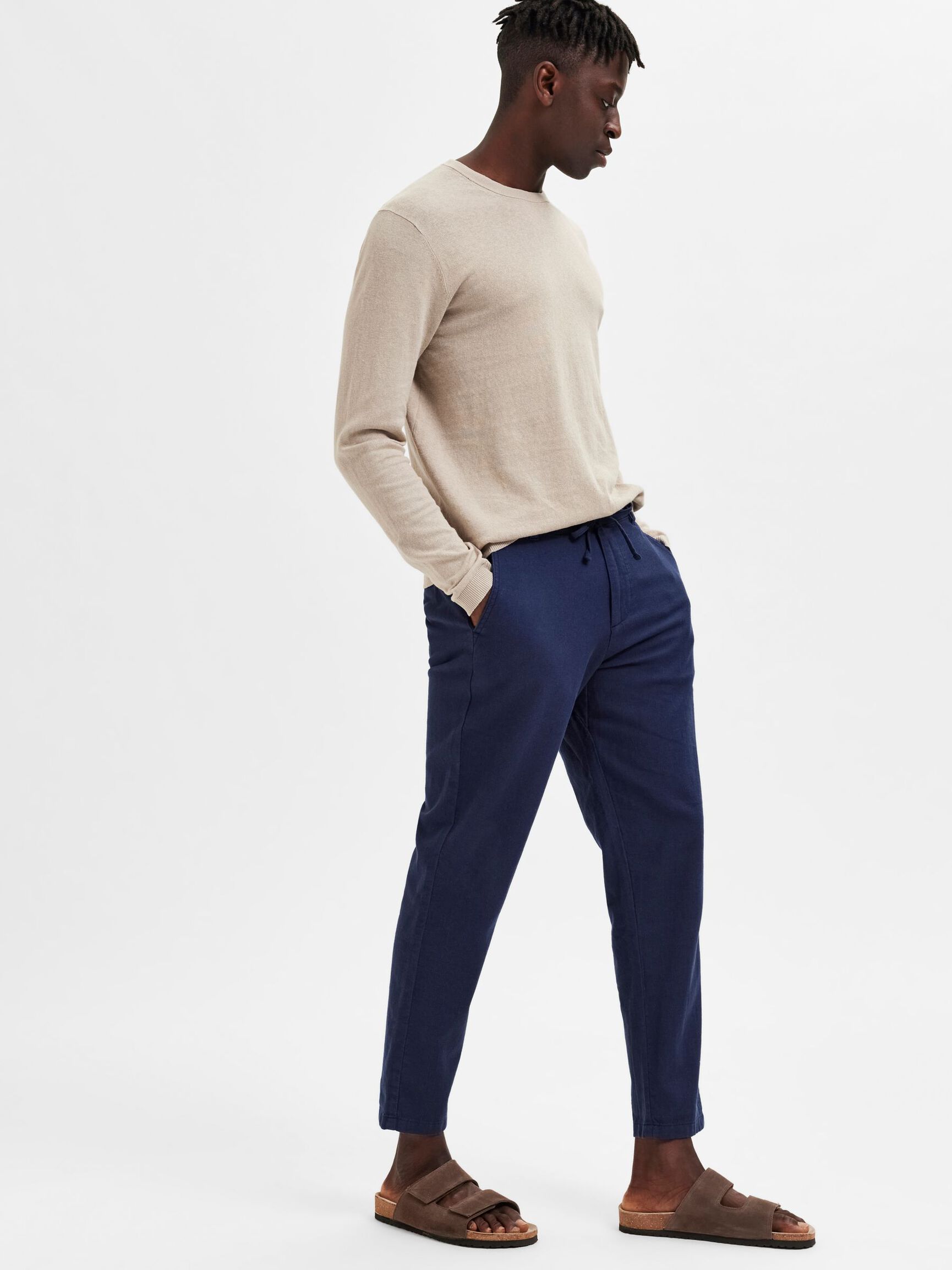 SLIM TAPERED LEINENMIX HOSE, Dark Sapphire, highres