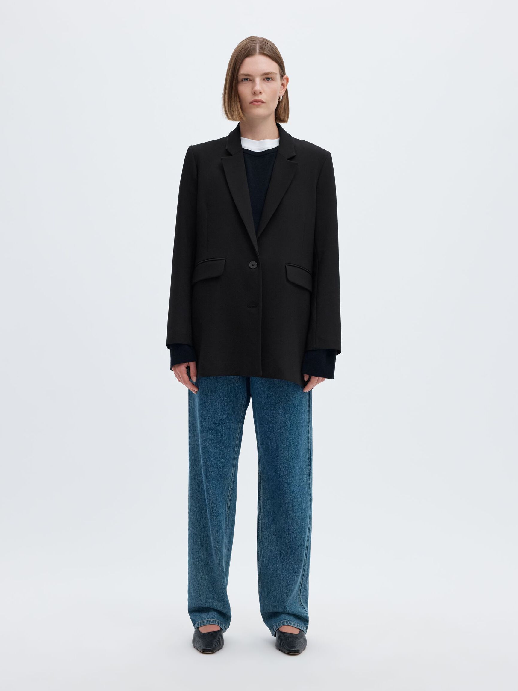 LONG RELAXED FIT SINGLE-BREASTED BLAZER, Black, highres