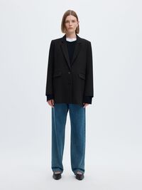 LONG RELAXED FIT SINGLE-BREASTED BLAZER, Black, highres