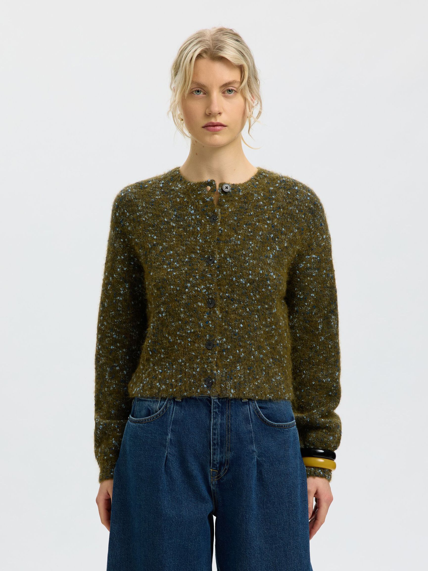 CROPPED KNITTED CARDIGAN, Fir Green, highres