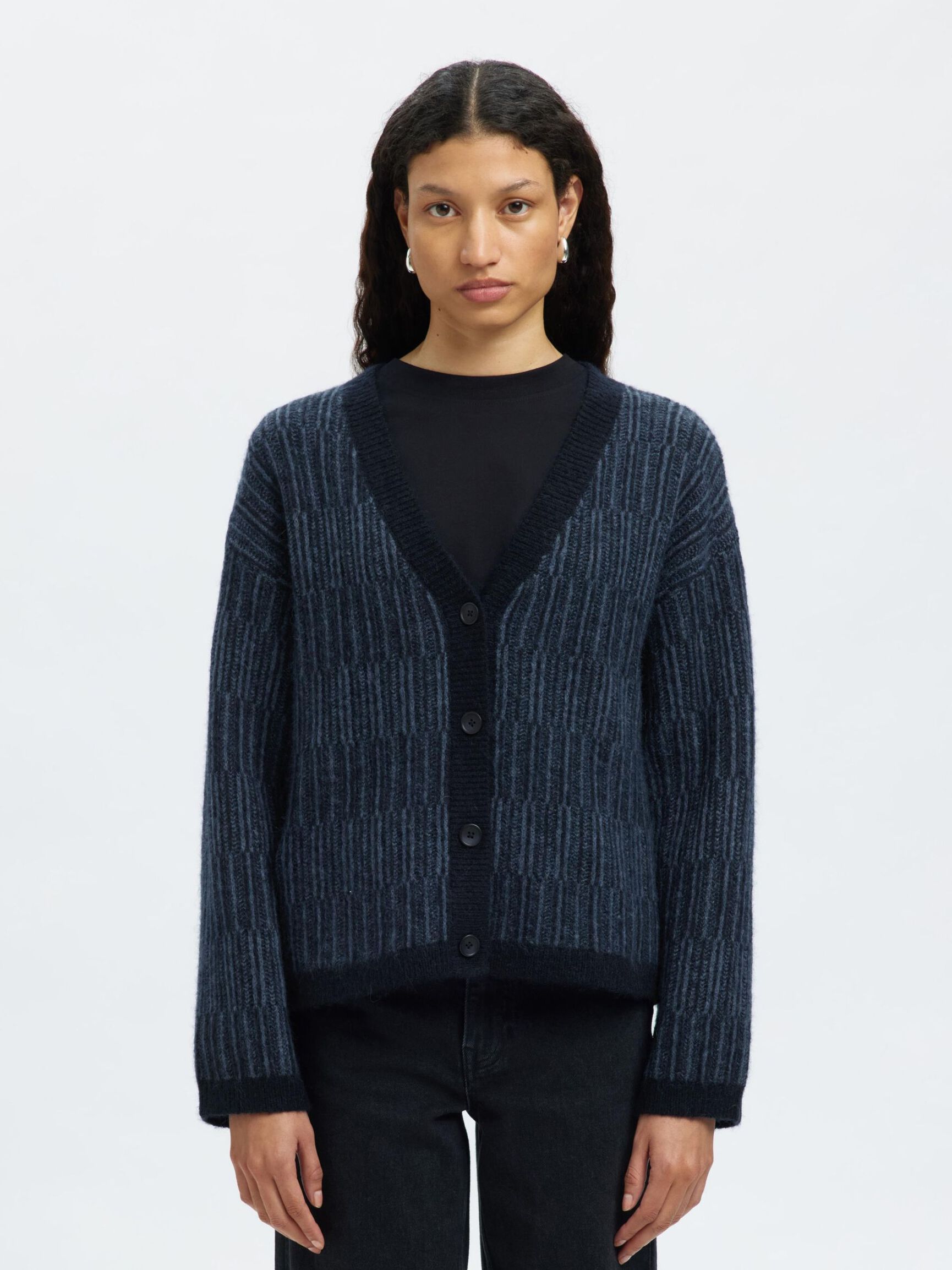 WOOL BLEND KNITTED CARDIGAN, Dark Sapphire, highres