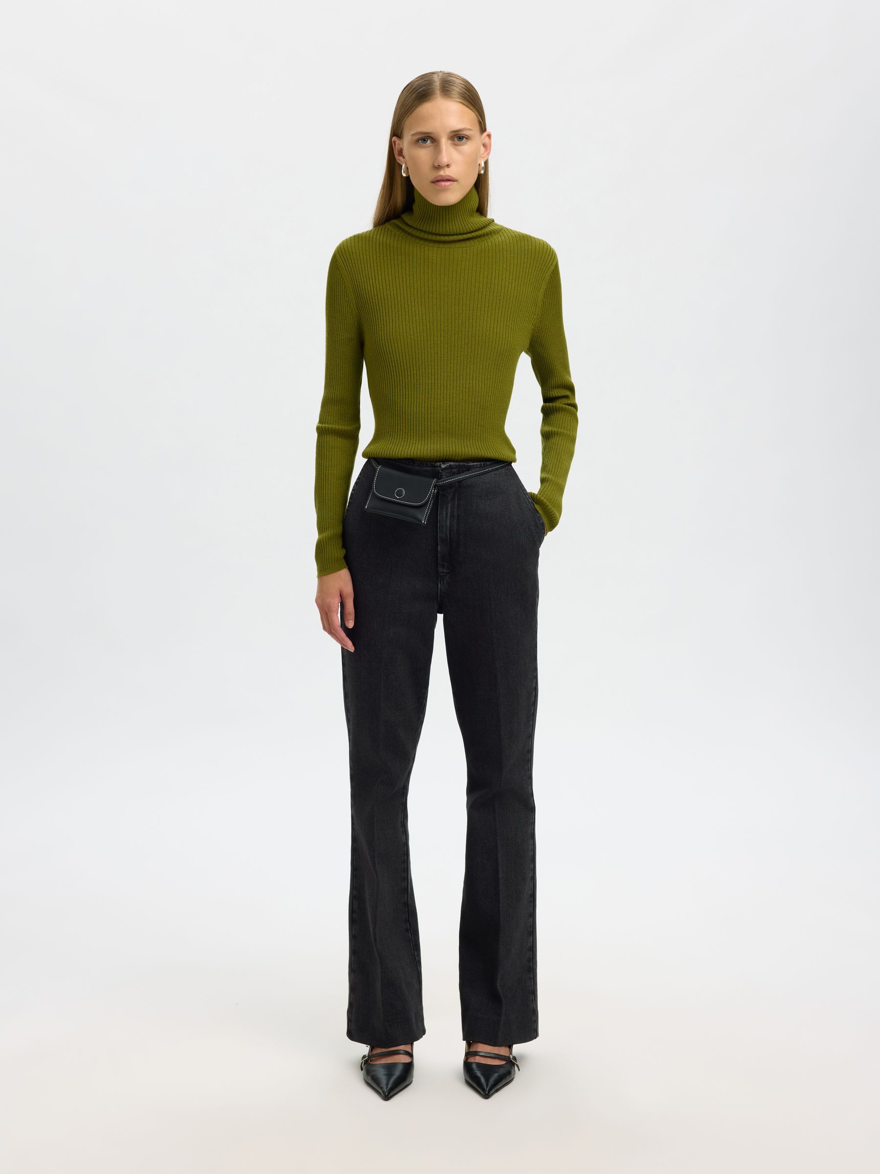 HØJTALJET FLARED JEANS, Black Denim, highres