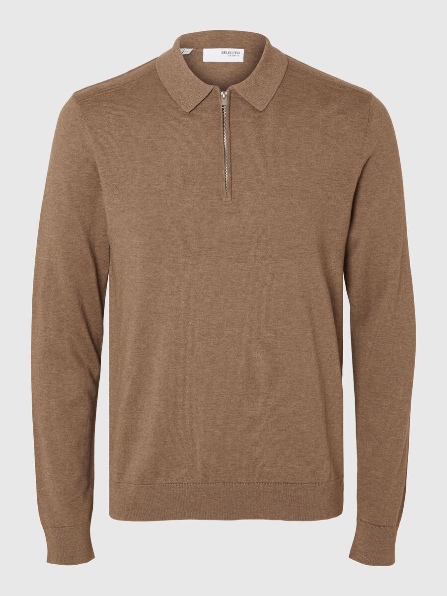 Selected KNITTED LONG-SLEEVED POLO, Teak, highres - 16094271_Teak_1113639_001.jpg