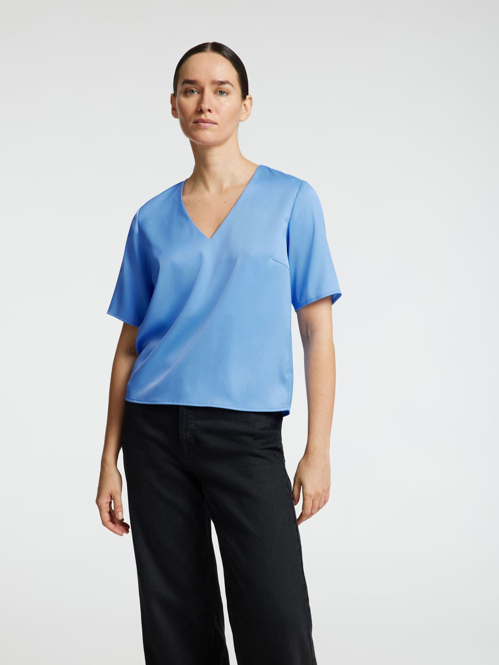 KORTÆRMET TOP MED V-HALS, Cornflower Blue, highres