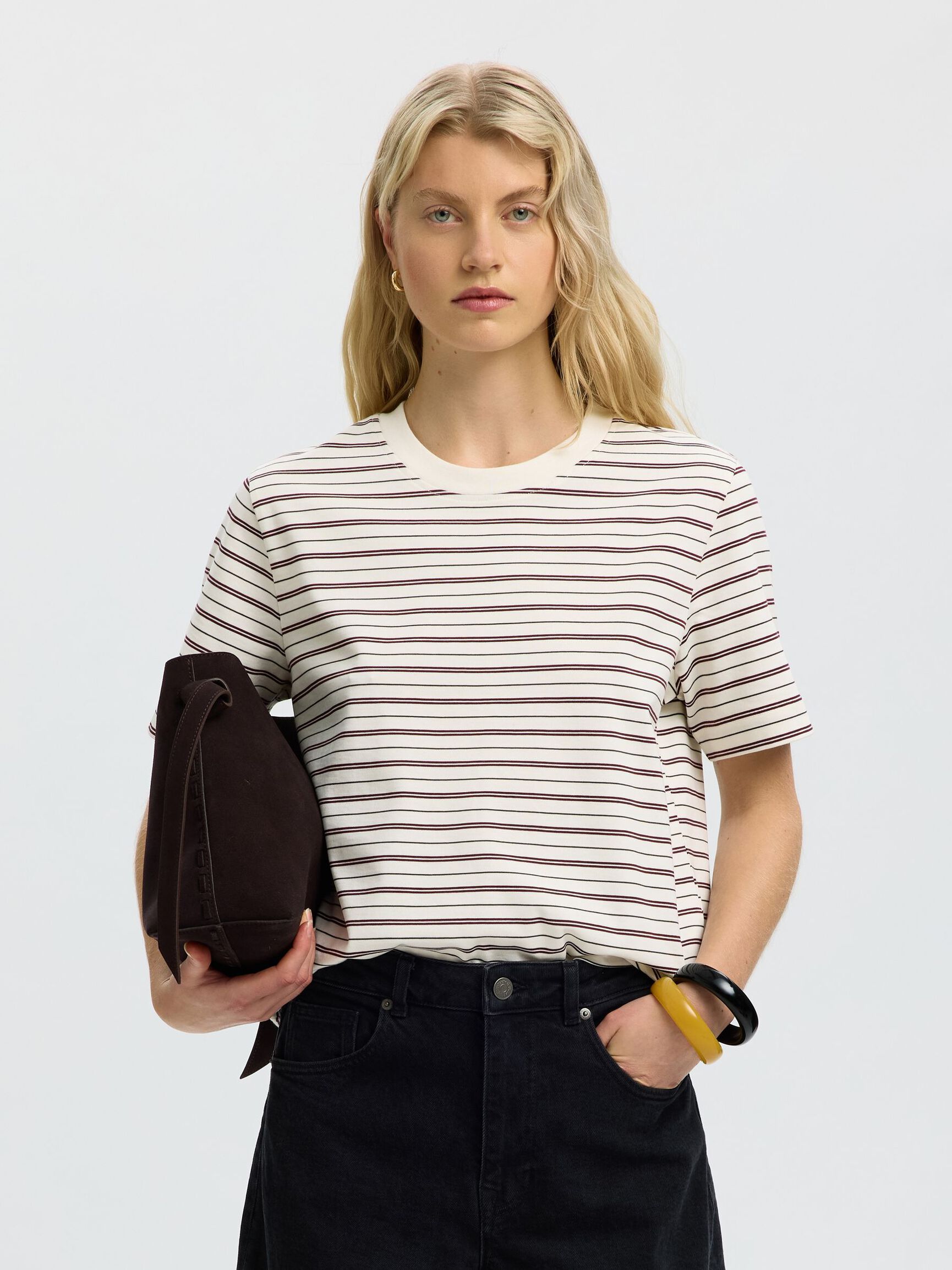 STRIPED BOXY FIT T-SHIRT, Tawny Port, highres
